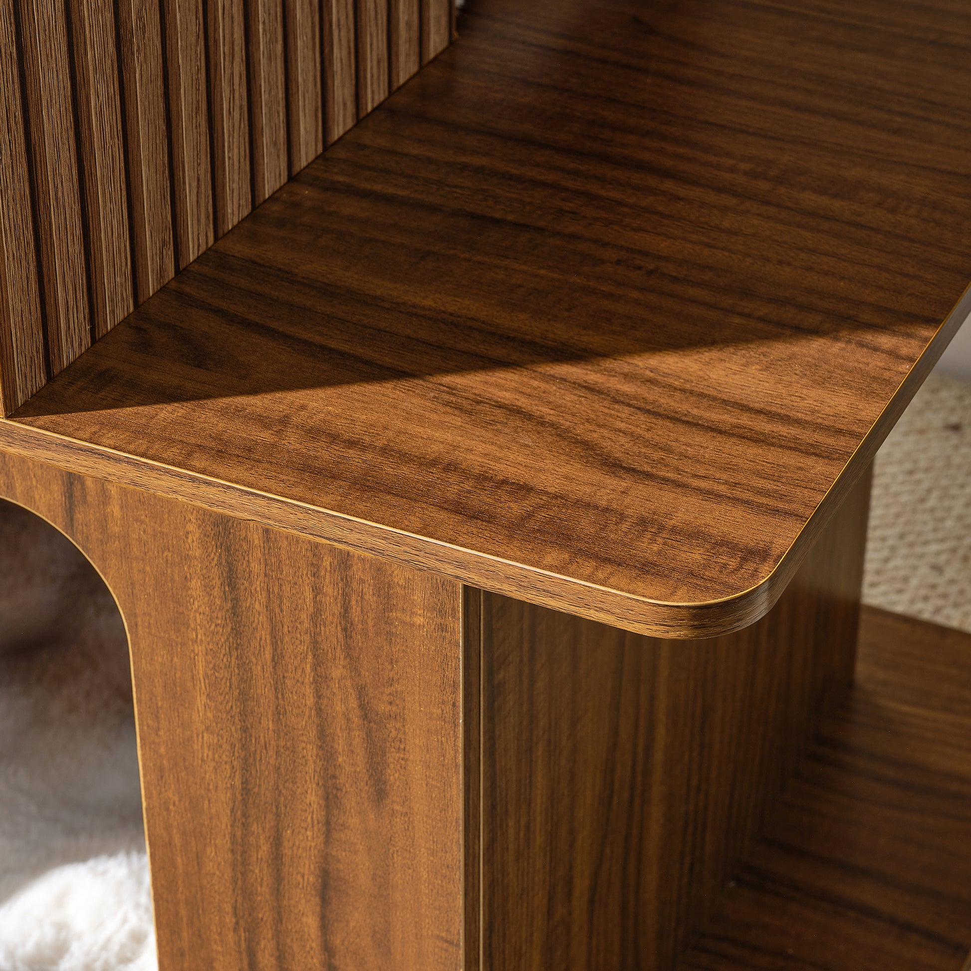 Eureka Ergonomic Close-up of Pawlio 72" bookshelf cat tree with ribbed walnut wood grain details.
