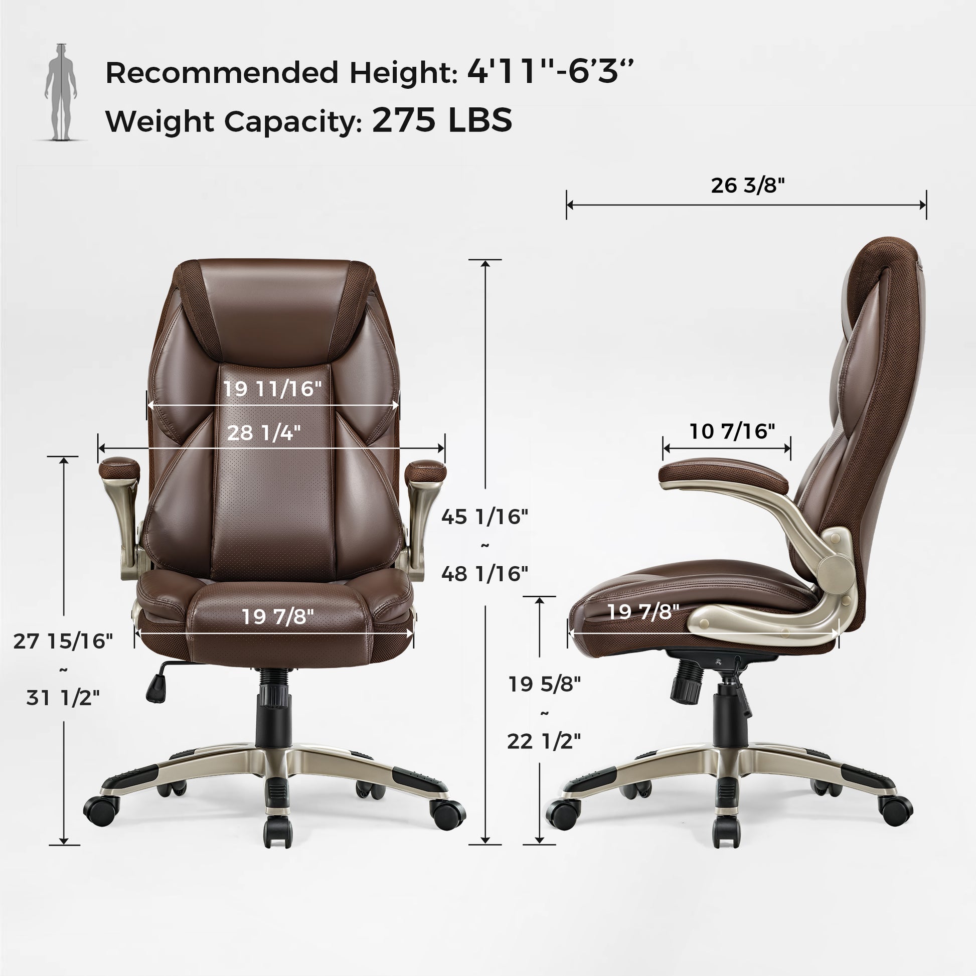 Galene Brown Office Chair With Dimensions: Ergonomic Faux Leather Design, 275 Lbs Weight Capacity, and Adjustable Height.
