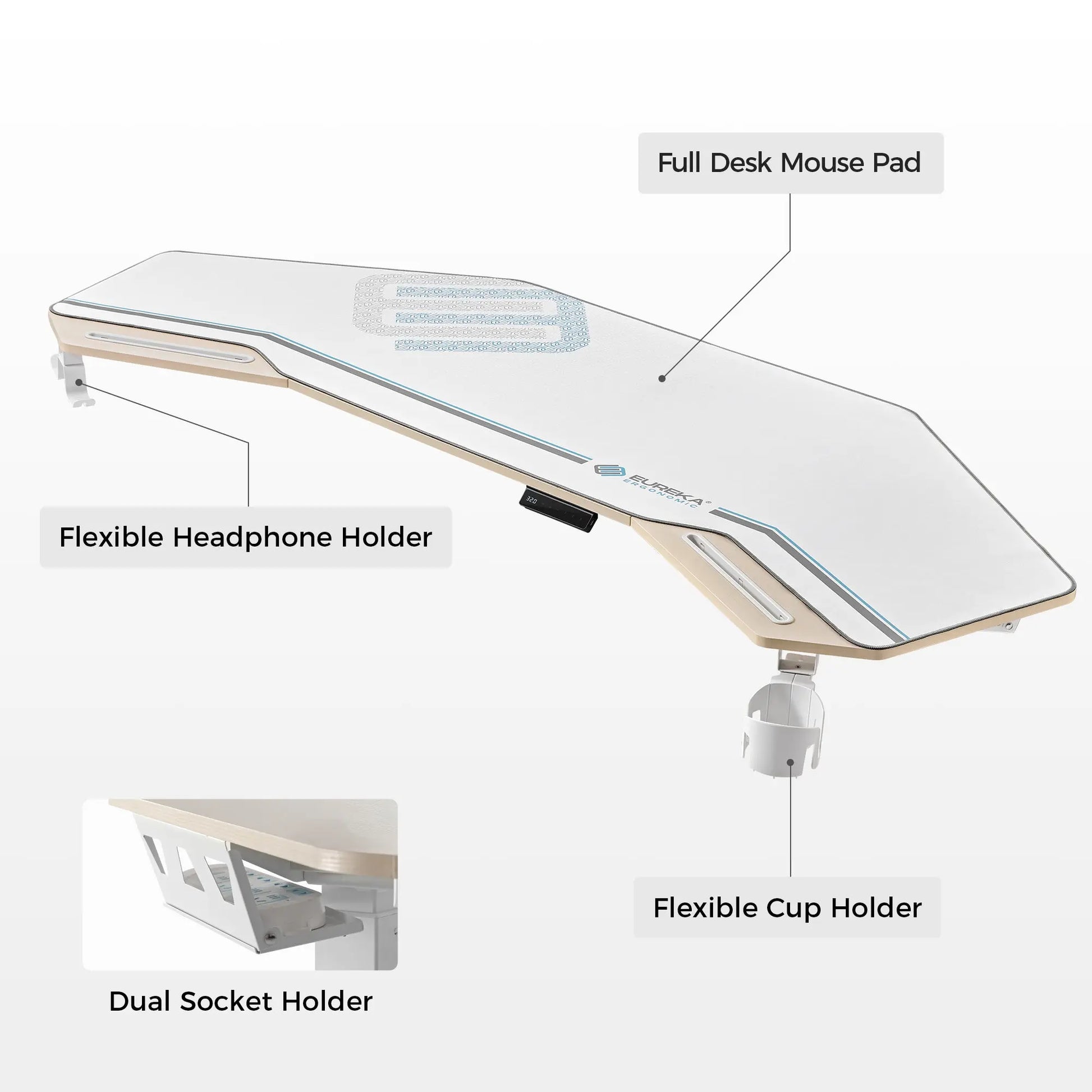 Eureka Ergonomic Aero Pro Desk: Full Desk Mouse Pad, Headphone Holder, Cup Holder, and Dual Socket Holders. Ergonomic Design.