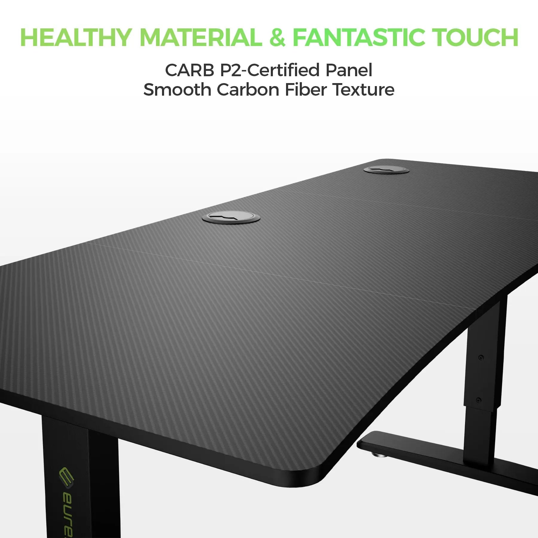 Eureka Ergonomic Gaming Desk With Carbon Fiber Top, Carb P2-Certified Panel, and Smooth Texture for Ergonomic Workspace.