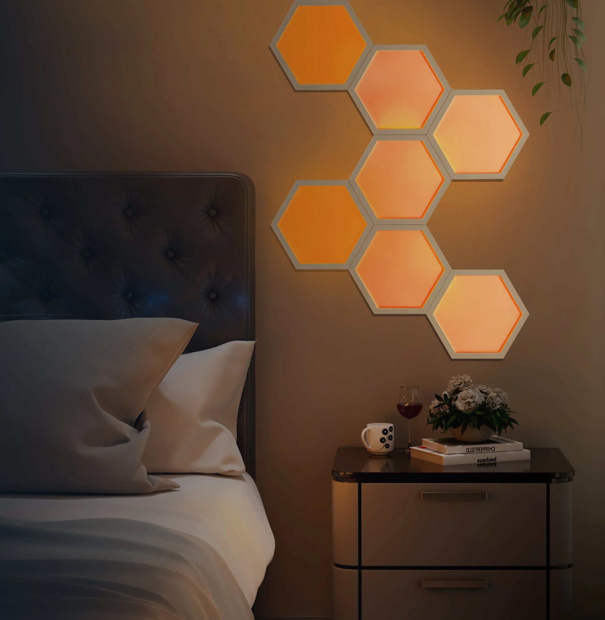 Eureka Lucet Art Lighting: Hexagon Led Lights in a Modern Bedroom Setting.