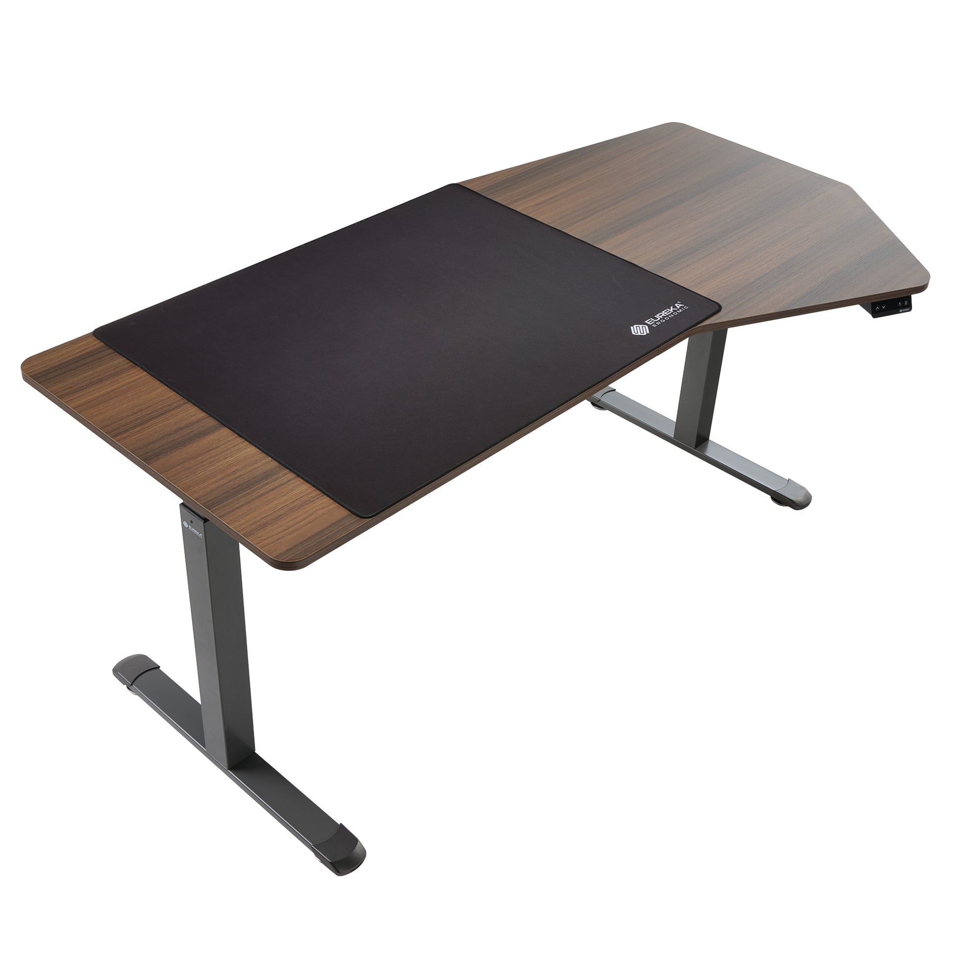 Eureka Ergonomic 70-Inch Heptagon Standing Desk With Wood Veneer, Black Desk Pad and Height Adjustment.