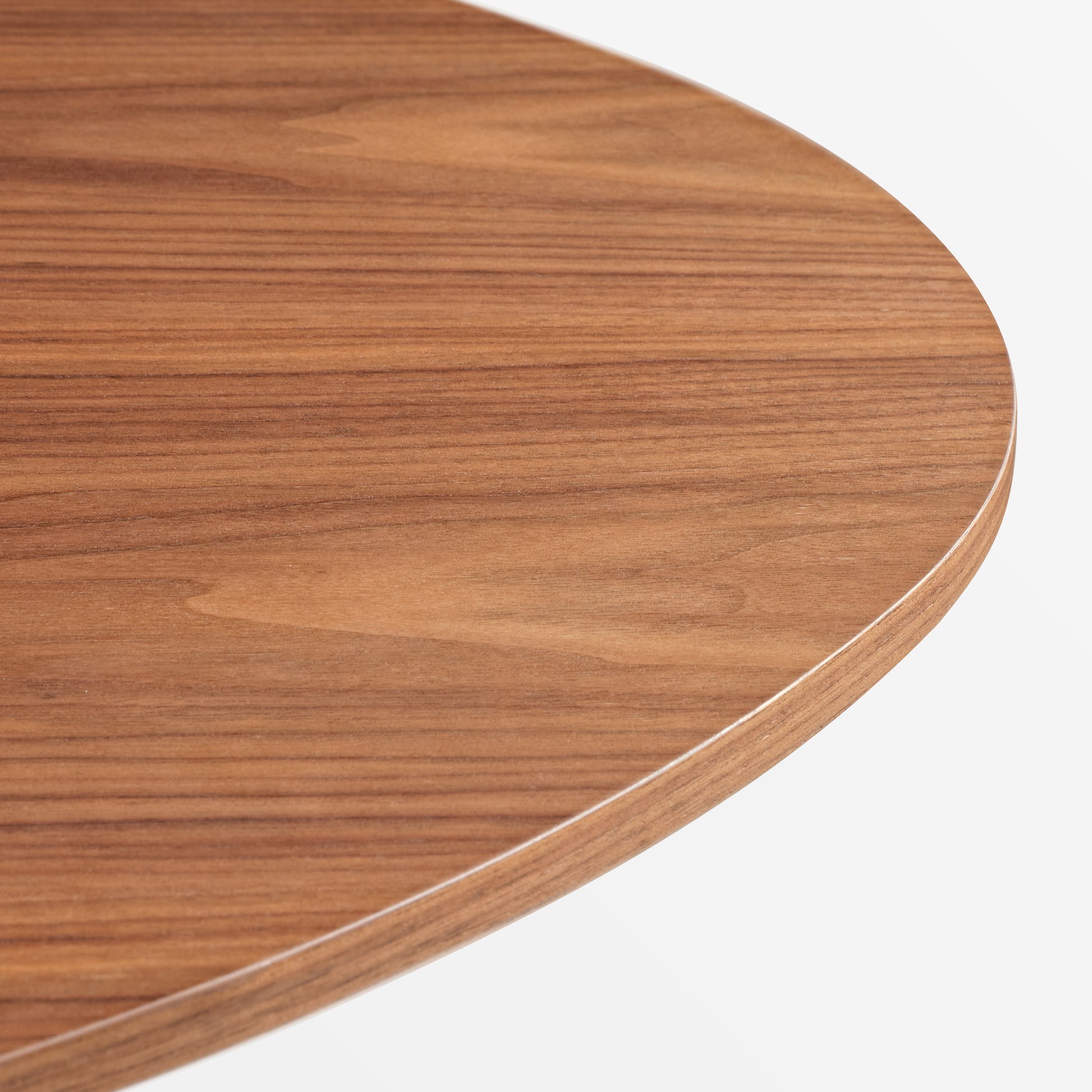 51 Walnut Oval Coffee Table, Close-Up of Walnut Veneer Tabletop Edge.