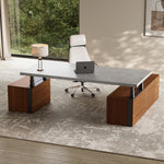 Eureka Ergonomic Zen Pro Executive Standing Desk With Black Sintered Stone Top, Wood Cabinets and Laptop in a Modern Office.