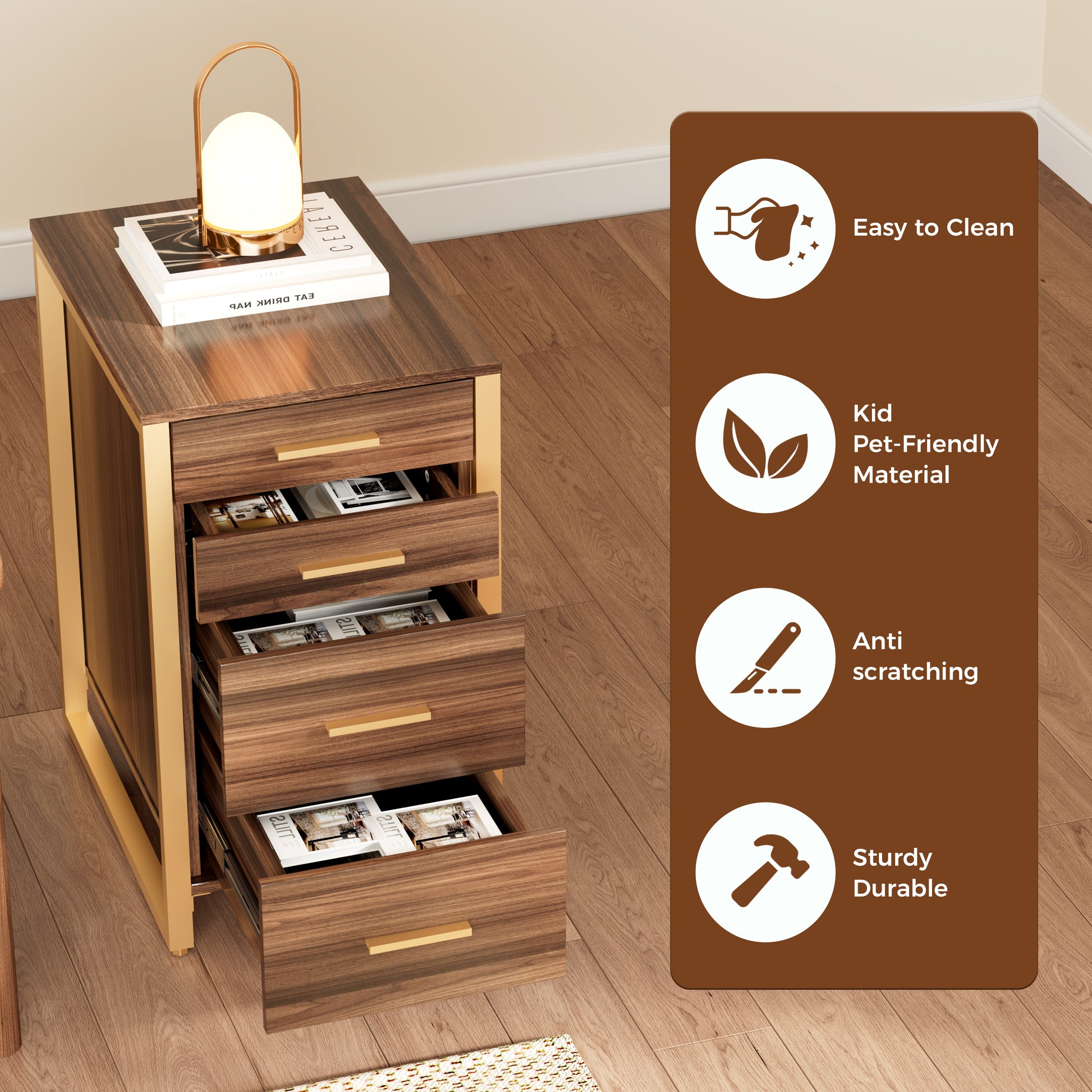 Walnut File Storage Cabinet With Gold Metal Frame, Four Drawers for Office, Easy Clean, Kid-Friendly, Sturdy.