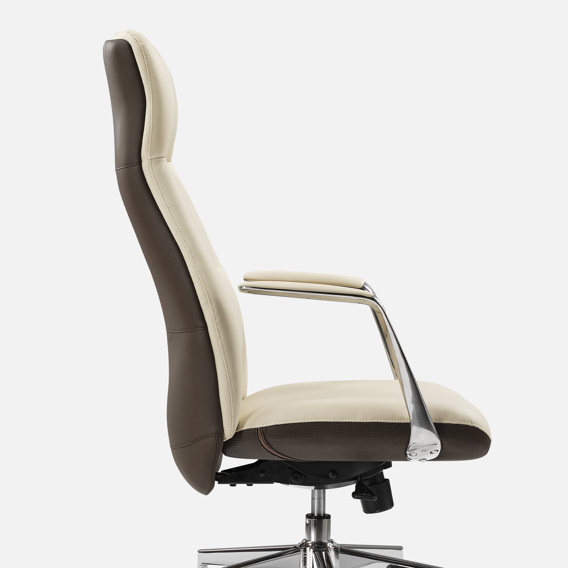 Royal Slim Executive Office Chair in Cream and Brown Leather, Ergonomic Design, Chrome Base.