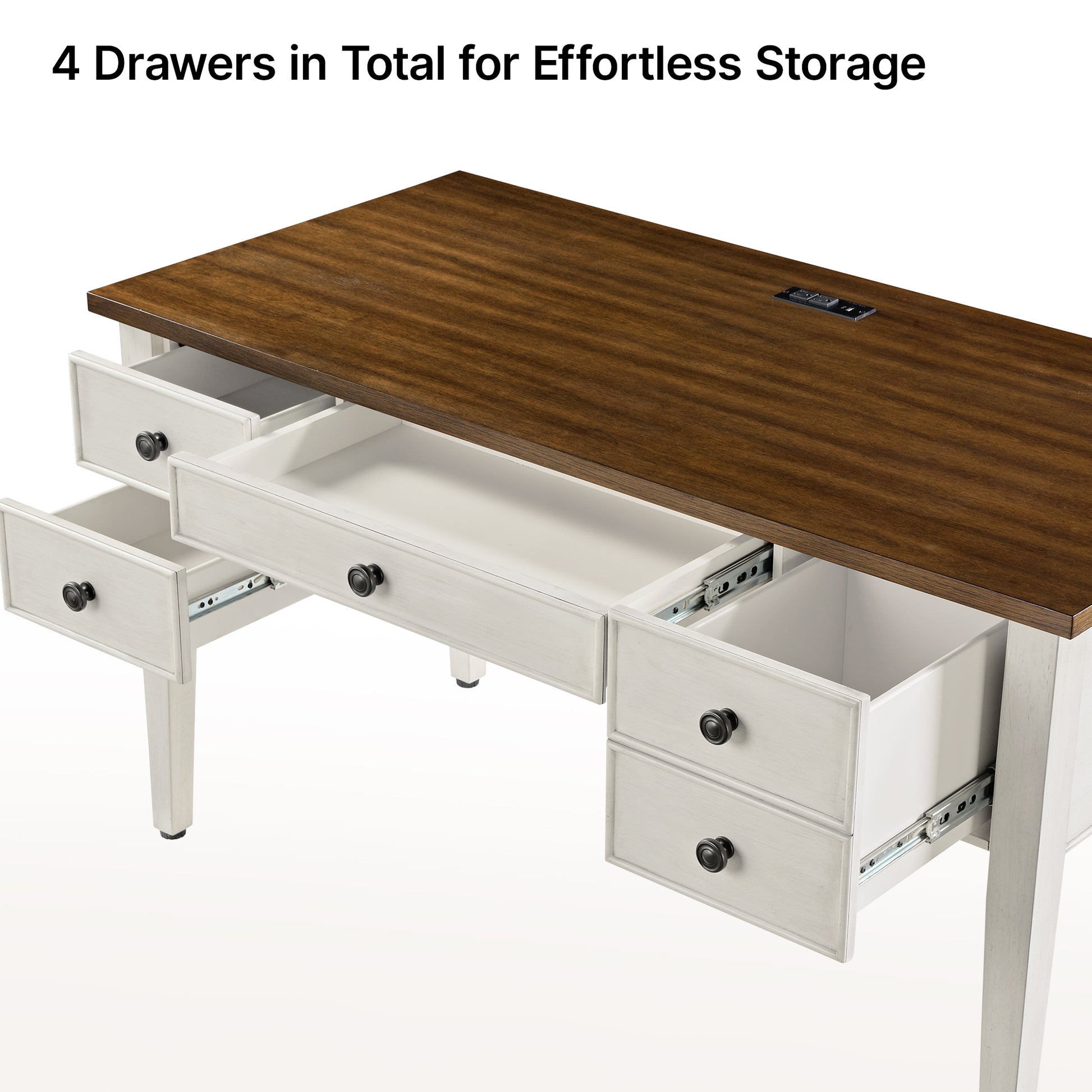 Farmhouse Office Desk With 4 Drawers for Storage. Vintage Design With Wood Top and White Base.