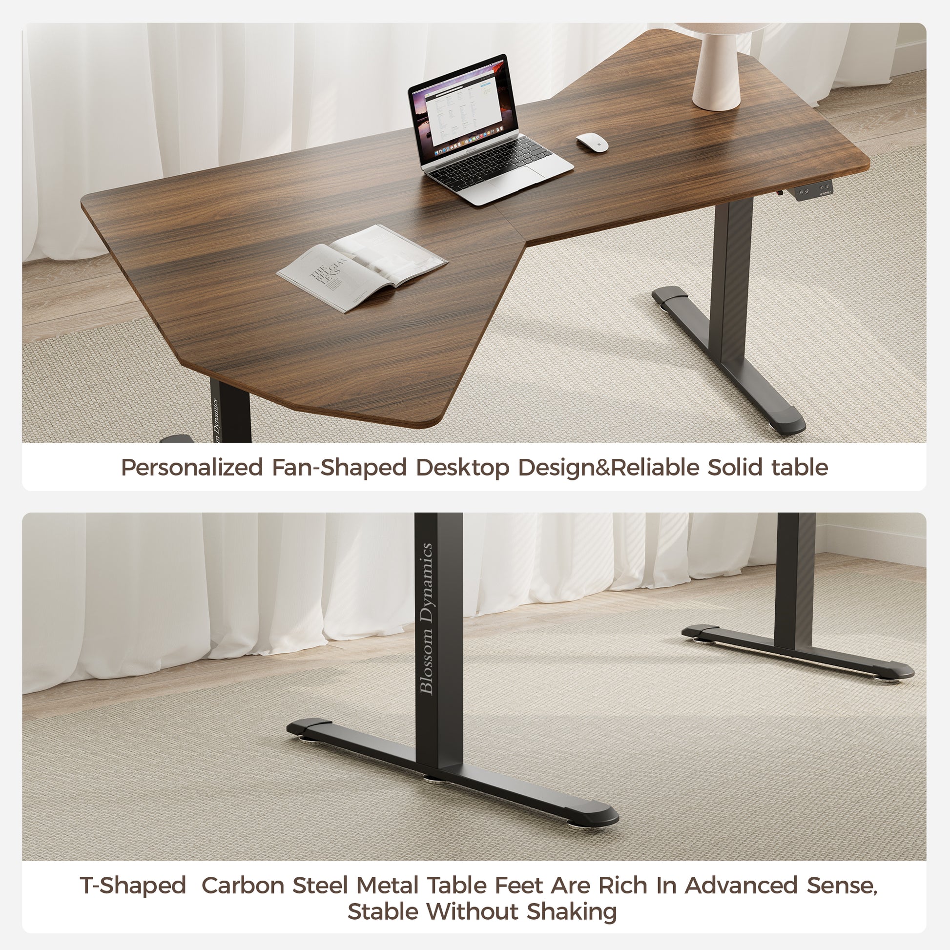 Eureka Ergonomic Blossom Dynamics dark wood grain fan-shaped standing desk with laptop, mouse, and book on T-shaped steel base.
