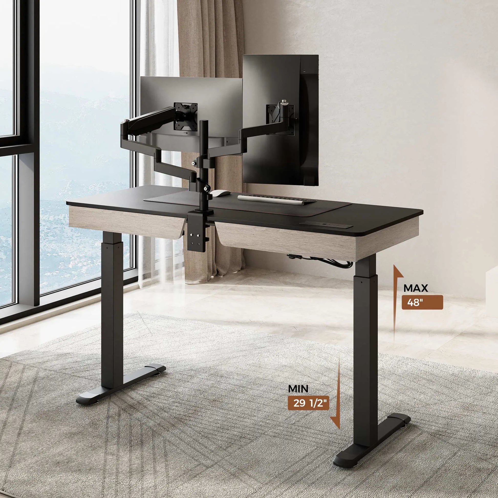 Eureka Ergonomic 47 Standing Desk With Monitor Arms, Black Top and Wood Finish, Adjustable Height, and Dual Monitor Setup.