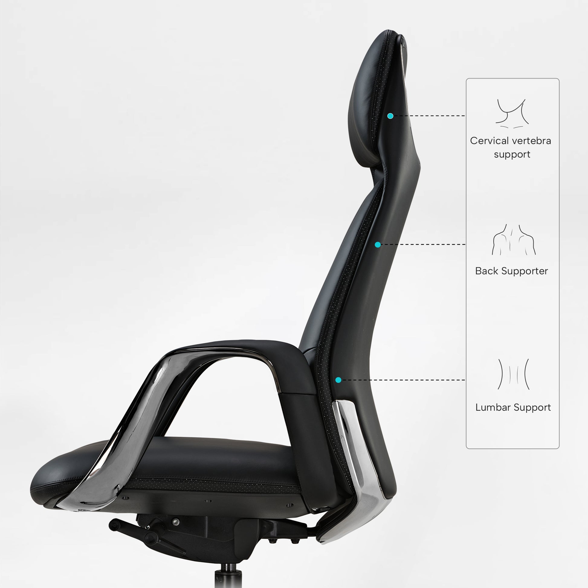 Eureka Ergonomic Black Napa leather executive chair, highlighting cervical, back, and lumbar support zones.