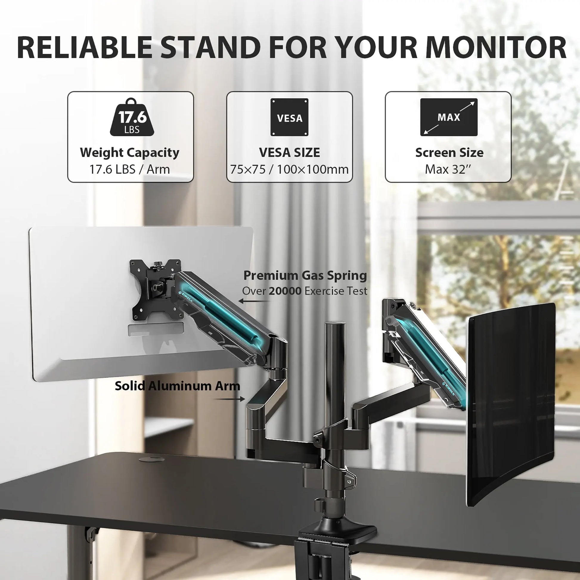 Eureka Ergonomic Dual Monitor Arm, Black, With 17.6 Lbs Weight Capacity and 32-Inch Screen Size Support.