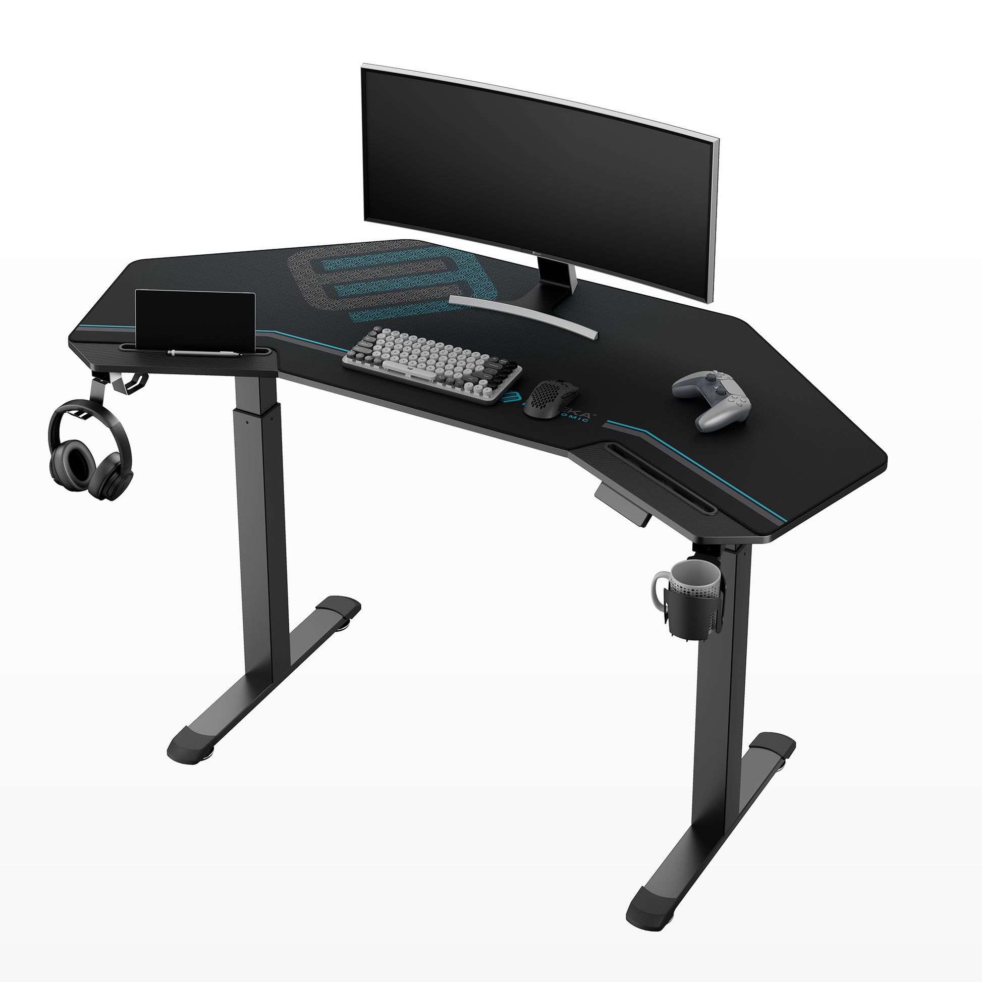 Eureka Ergonomic Black 63" Aero Pro wing standing desk with monitor, keyboard, mouse, headphones, and accessories.