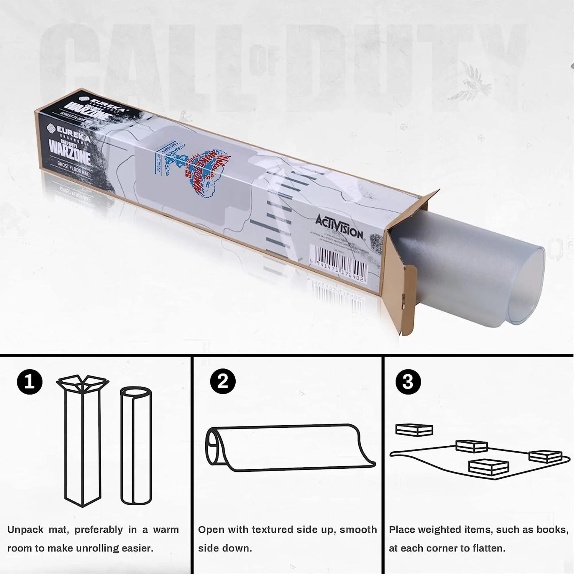 Eureka Ergonomic Call of Duty Warzone Ghost Floor Mat, Packaged; Unrolling and Flattening Instructions.