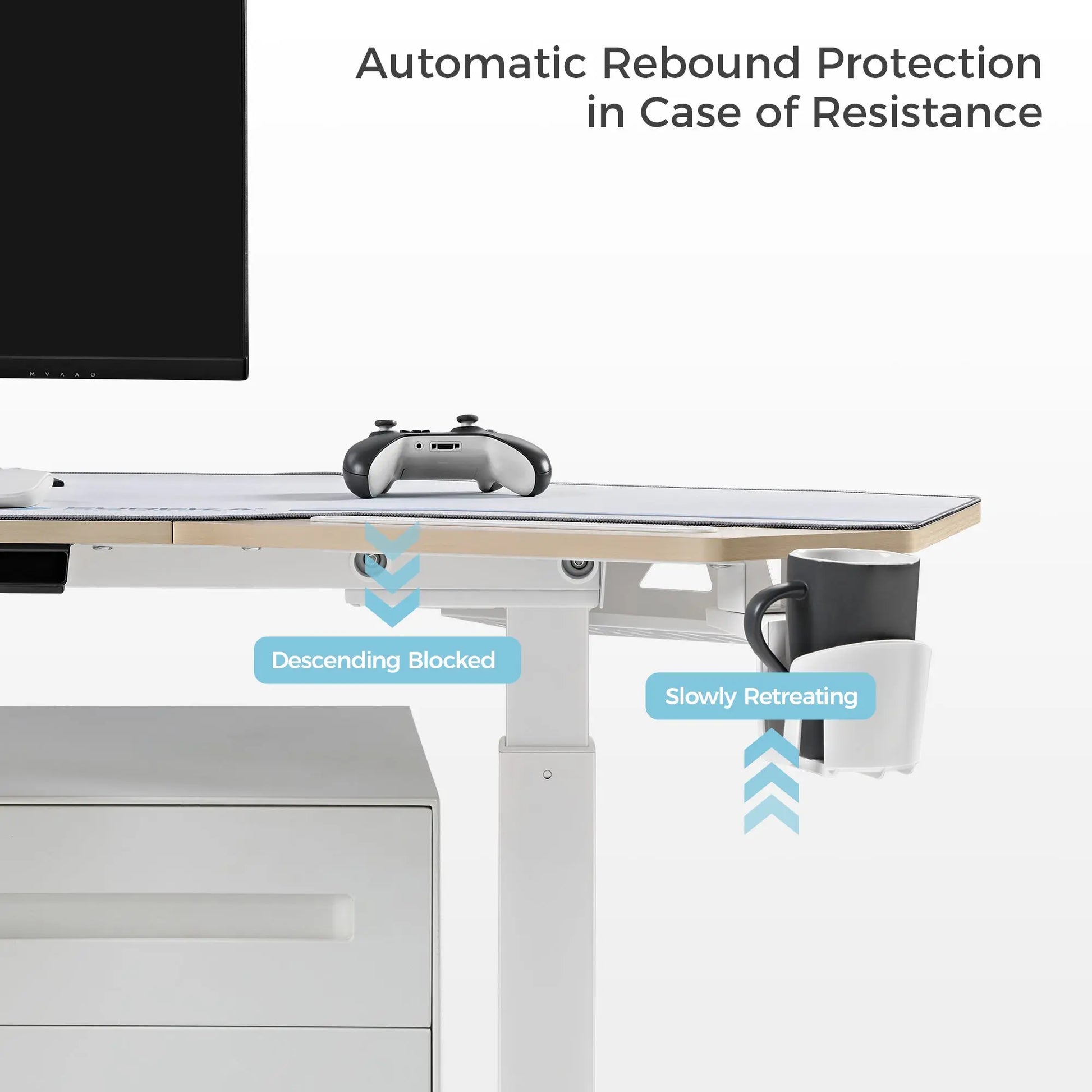 Eureka Aero Pro Standing Desk Safety Feature: Automatic Rebound Protection in Case of Resistance.