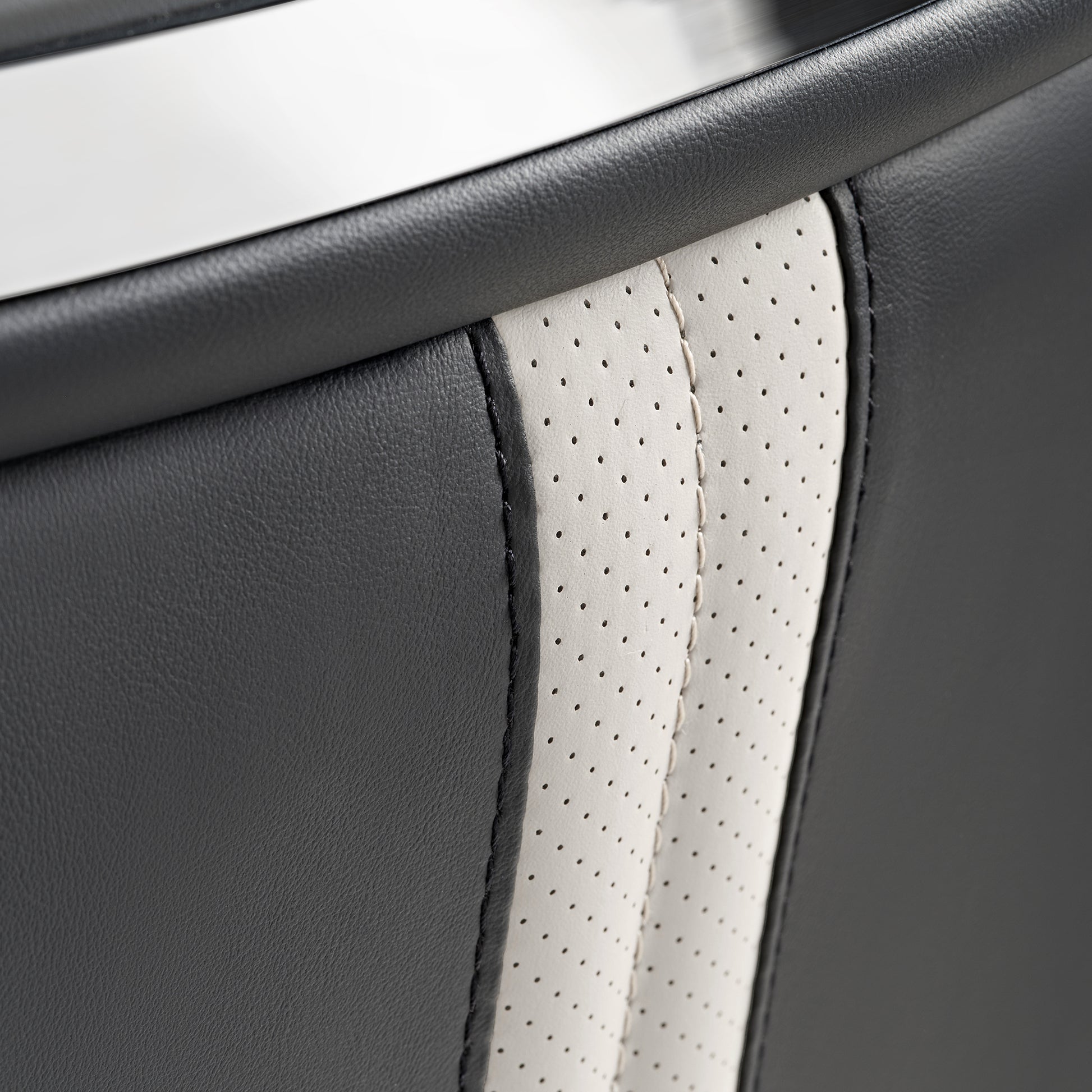 Royal II Office Chair Detail: Black and Cream Leather With Ergonomic Design, Silver Trim.