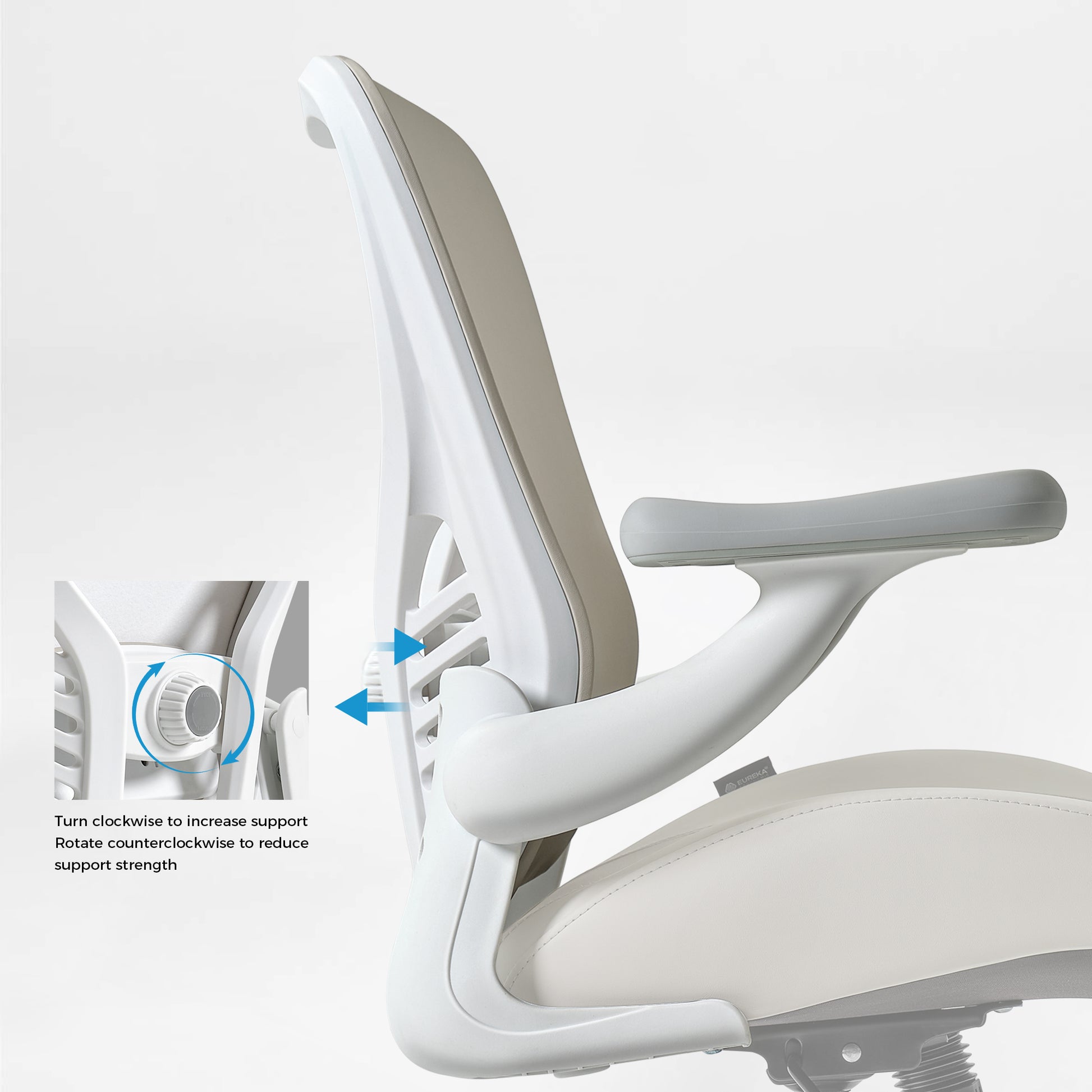 Eureka Ergonomic Vera ergonomic office chair lumbar support adjustment detail on white frame with grey PU leather seat.