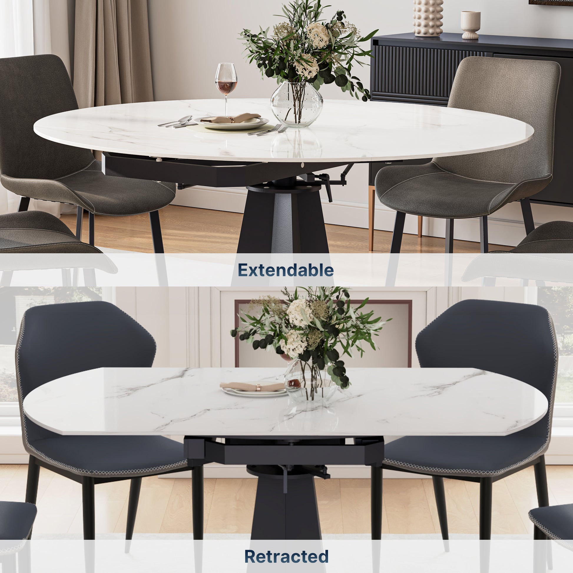 53 inch White Round Extending Dining Table with Black Base, Extended and Retracted