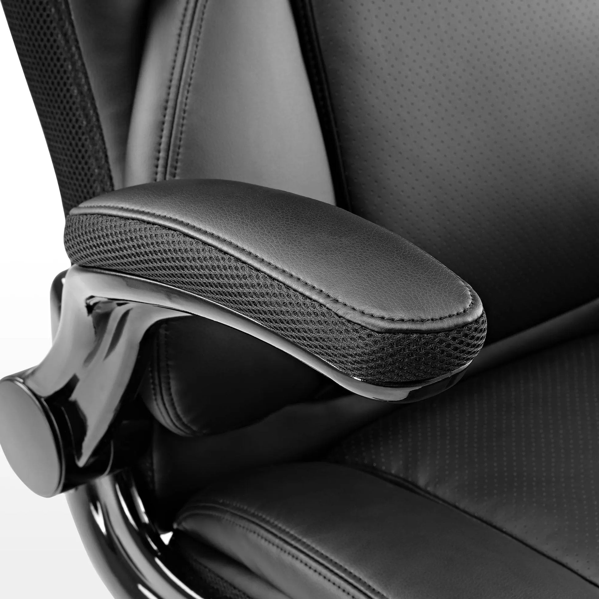 Galene Black Office Chair Armrest Detail, Featuring Faux Leather and Breathable Mesh for Workspace Comfort.