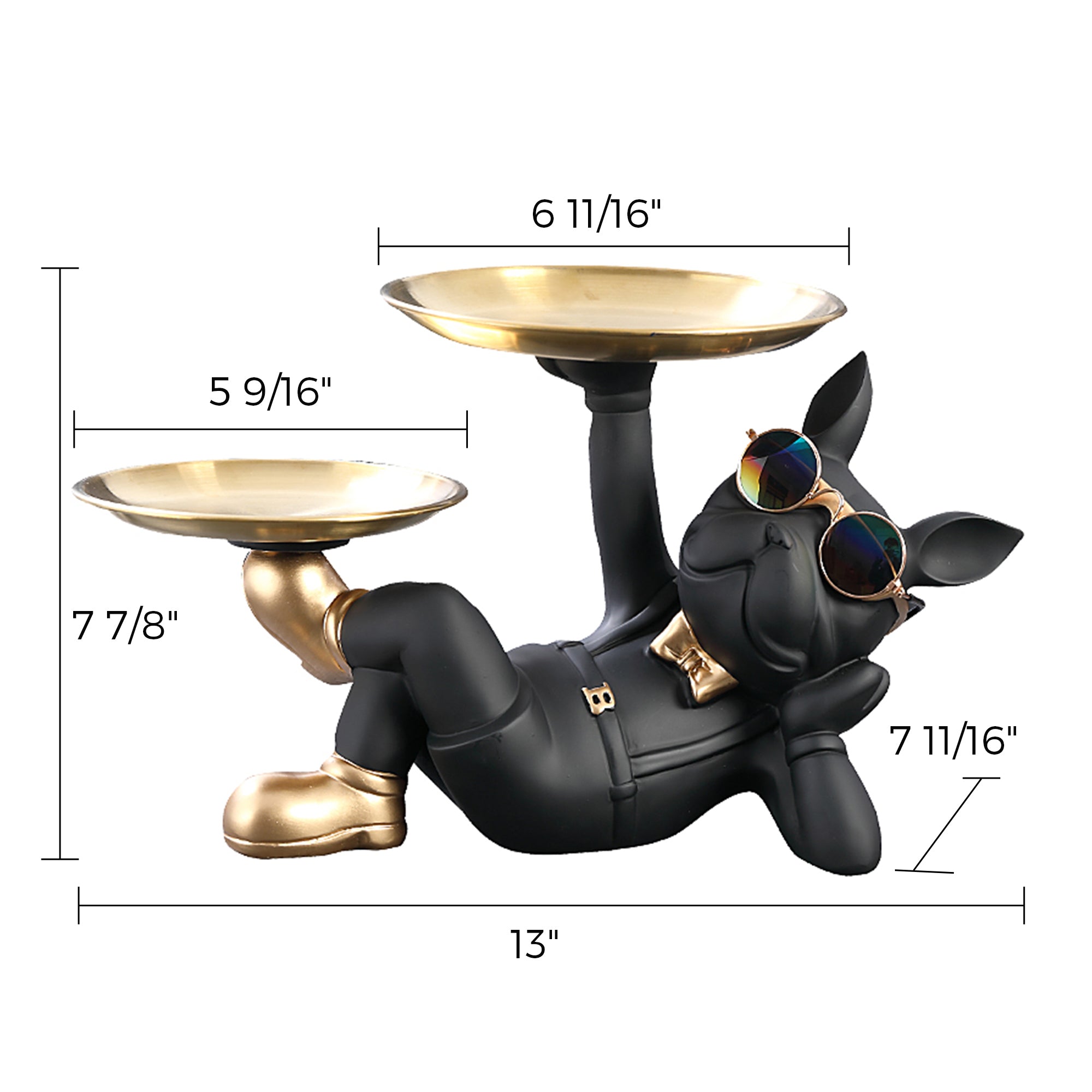 HD-13 Bulldog Storage Ornament, Black Resin Dog With Gold Trays and Sunglasses, Luxury Home Decor.