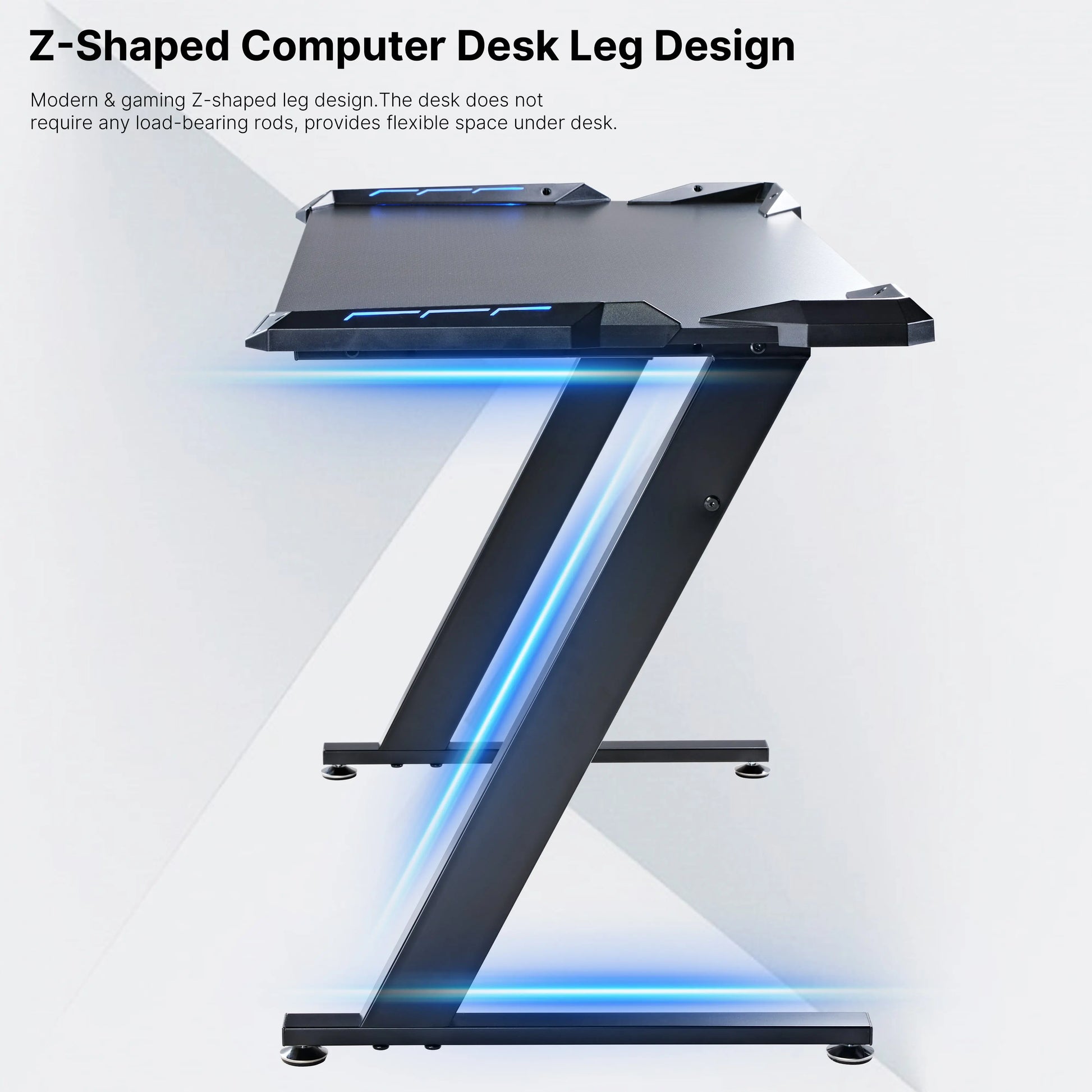 Eureka Ergonomic Gaming Desk With Z-Shaped Legs in Black, Blue Led, Stable Design, Perfect for Gaming Setups.