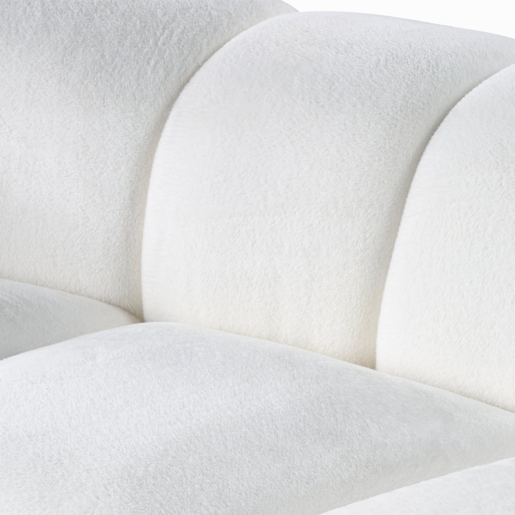 Adele Modern Curved Sofa Detail, White Plush Fabric, Comfortable and Modern Sofa Design.