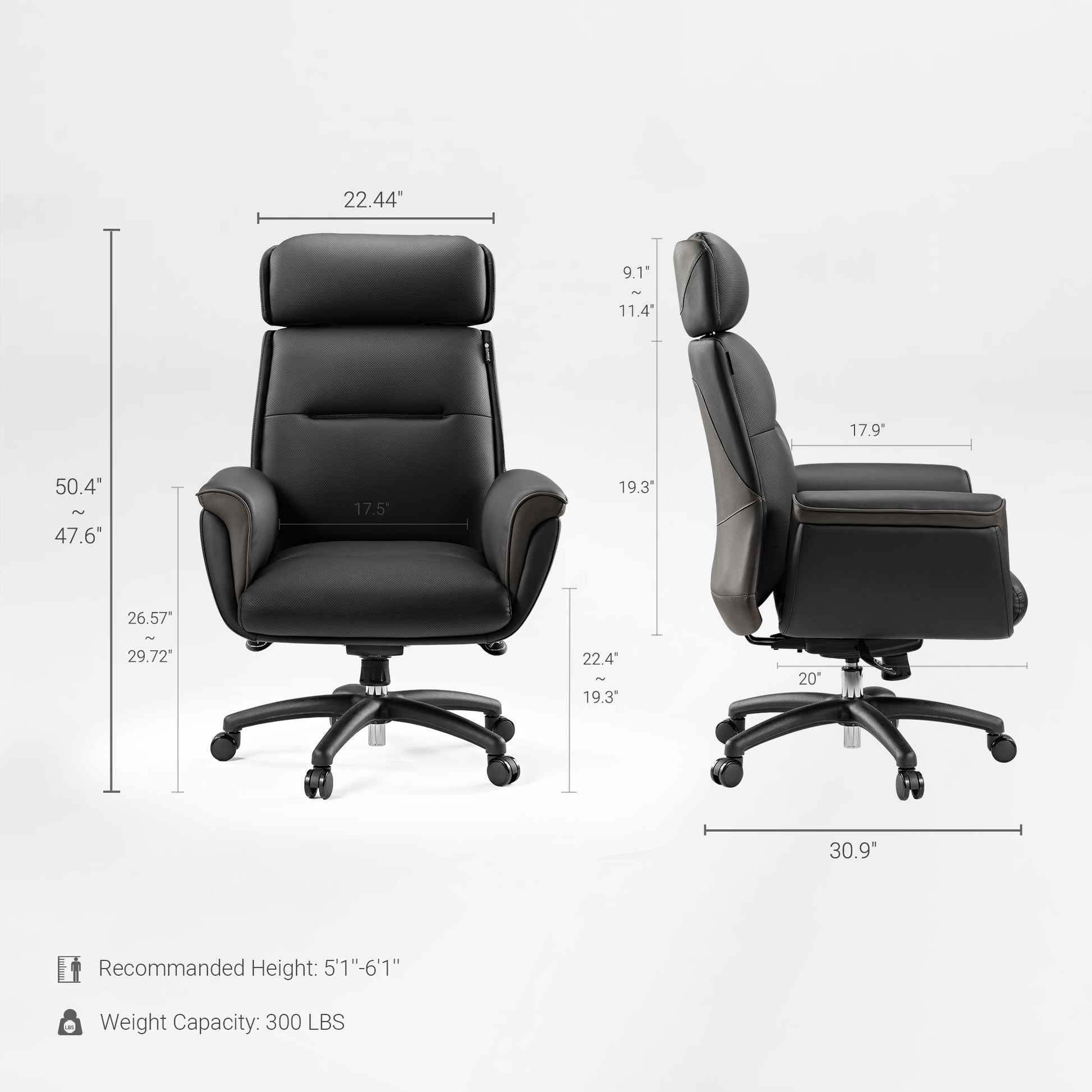 Royal Executive Office Chair Dimensions: Height, Width, and Depth Measurements, Black Leather With Ergonomic Design.