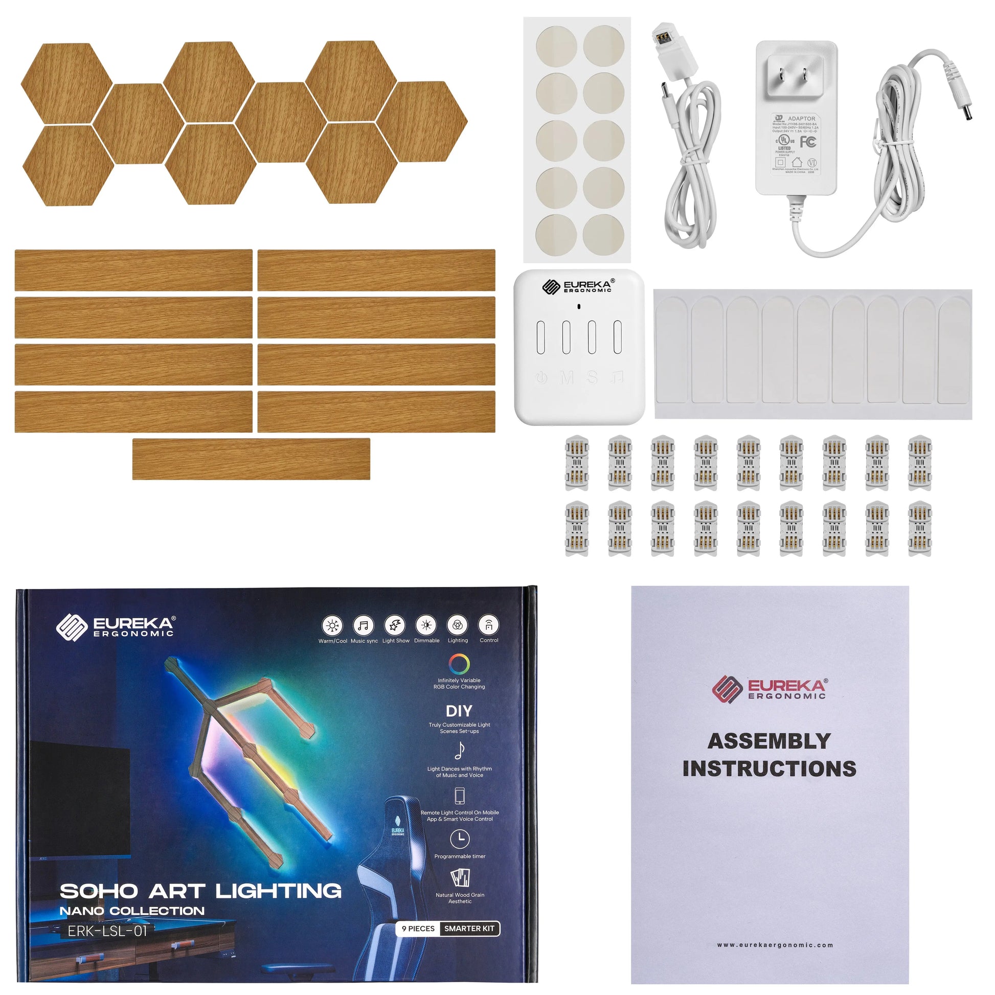 Soho Art Lighting Kit With Wooden Hexagon Tiles and Smart Control Module for Modern Home Decor.