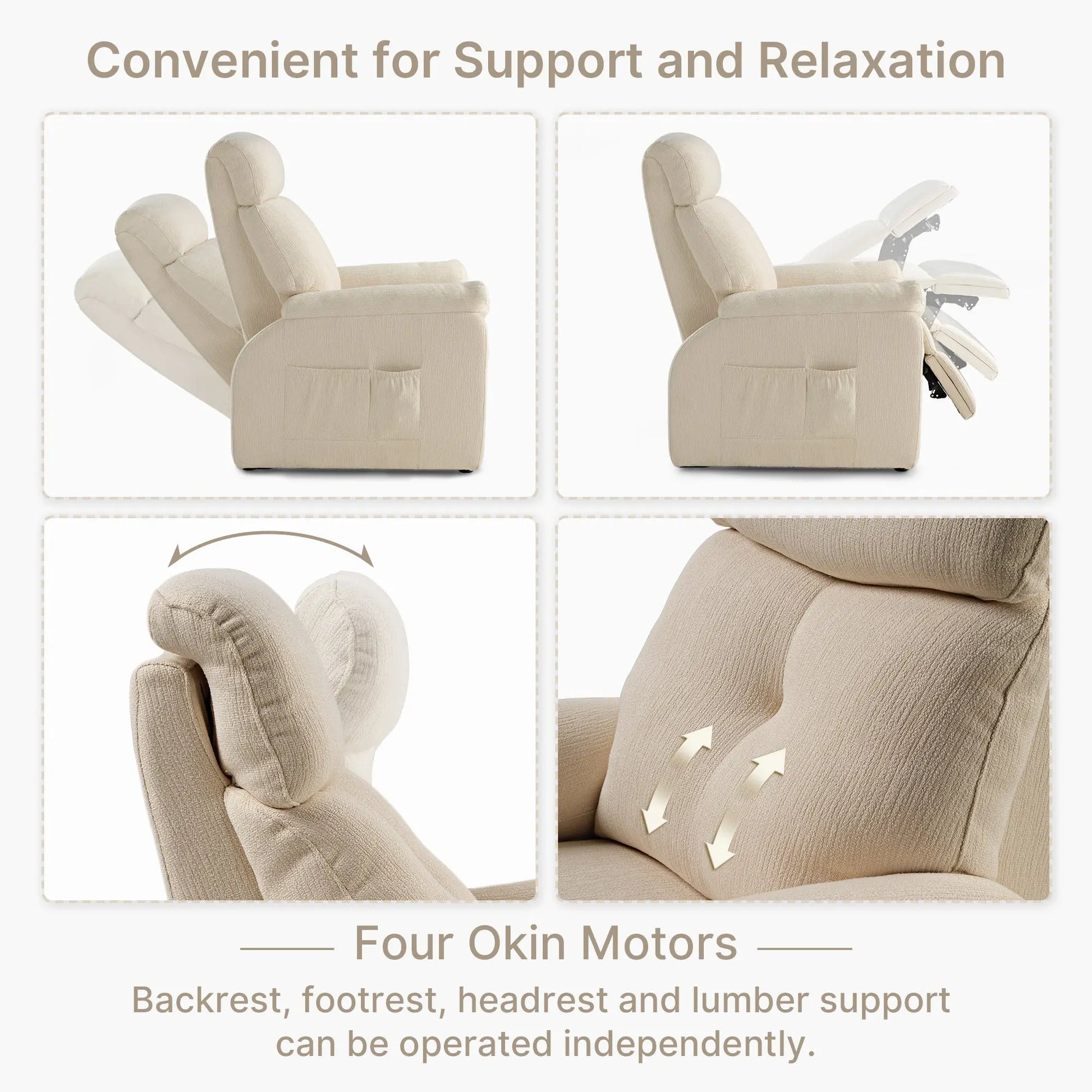 Beige Zero Gravity Recliner With Four Okin Motors, Adjustable Back, Footrest, Headrest, and Lumbar Support.