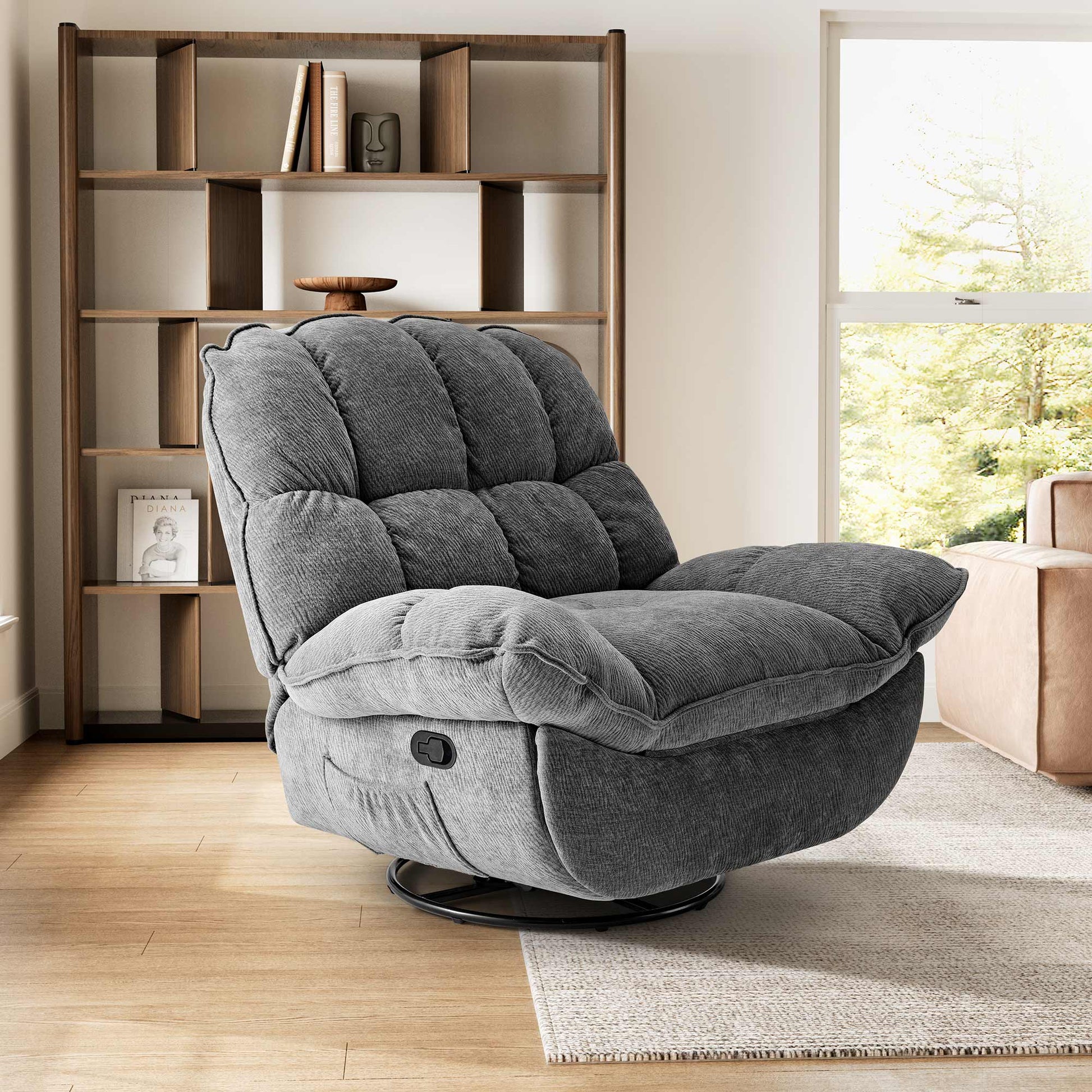 Grayson Manual Recliner Chair, Gray Chenille Fabric, Swivel Base, Storage, Living Room.