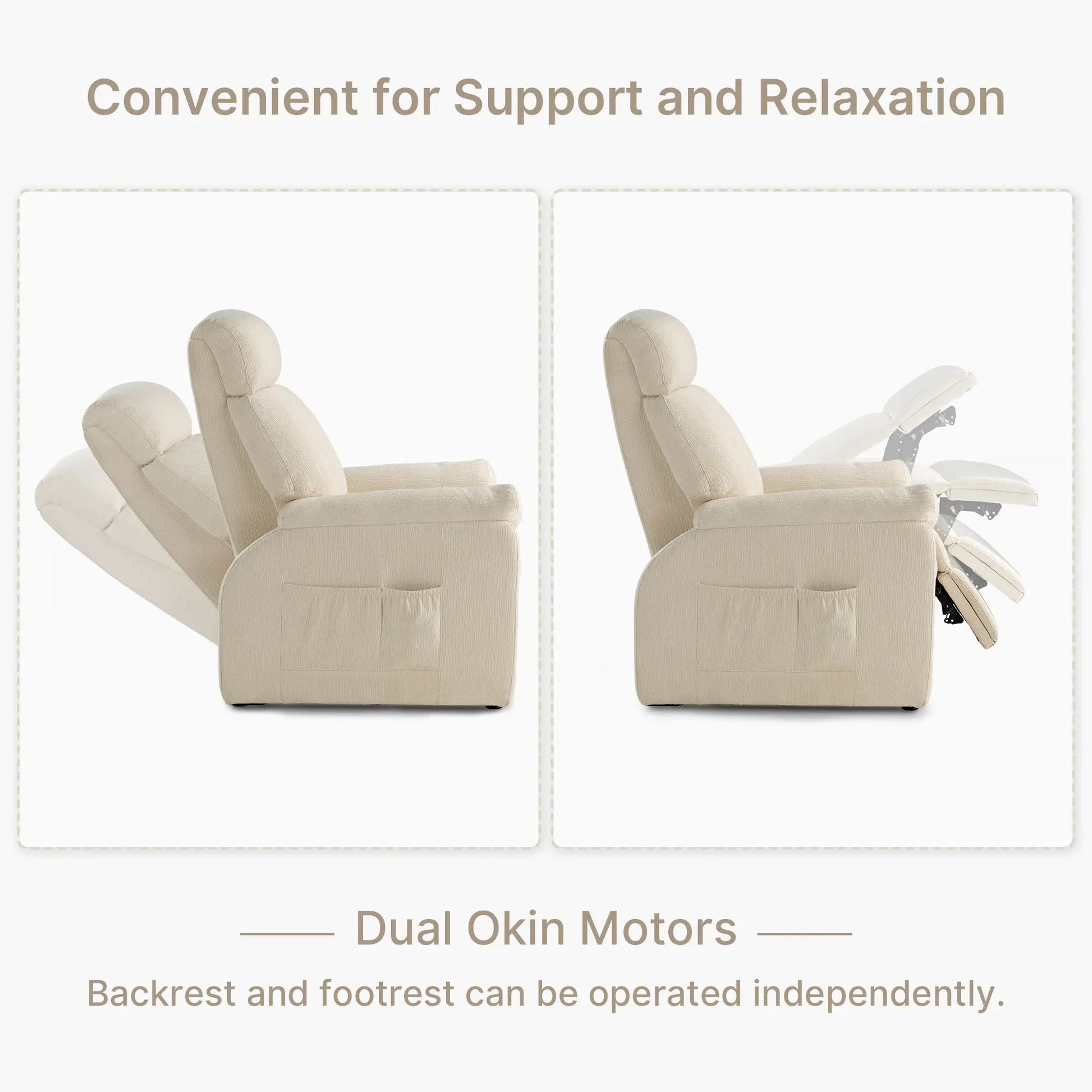 Beige Henry-Armrest Power Recliner Chair With Dual Okin Motors, Showing Backrest and Footrest Adjustment.