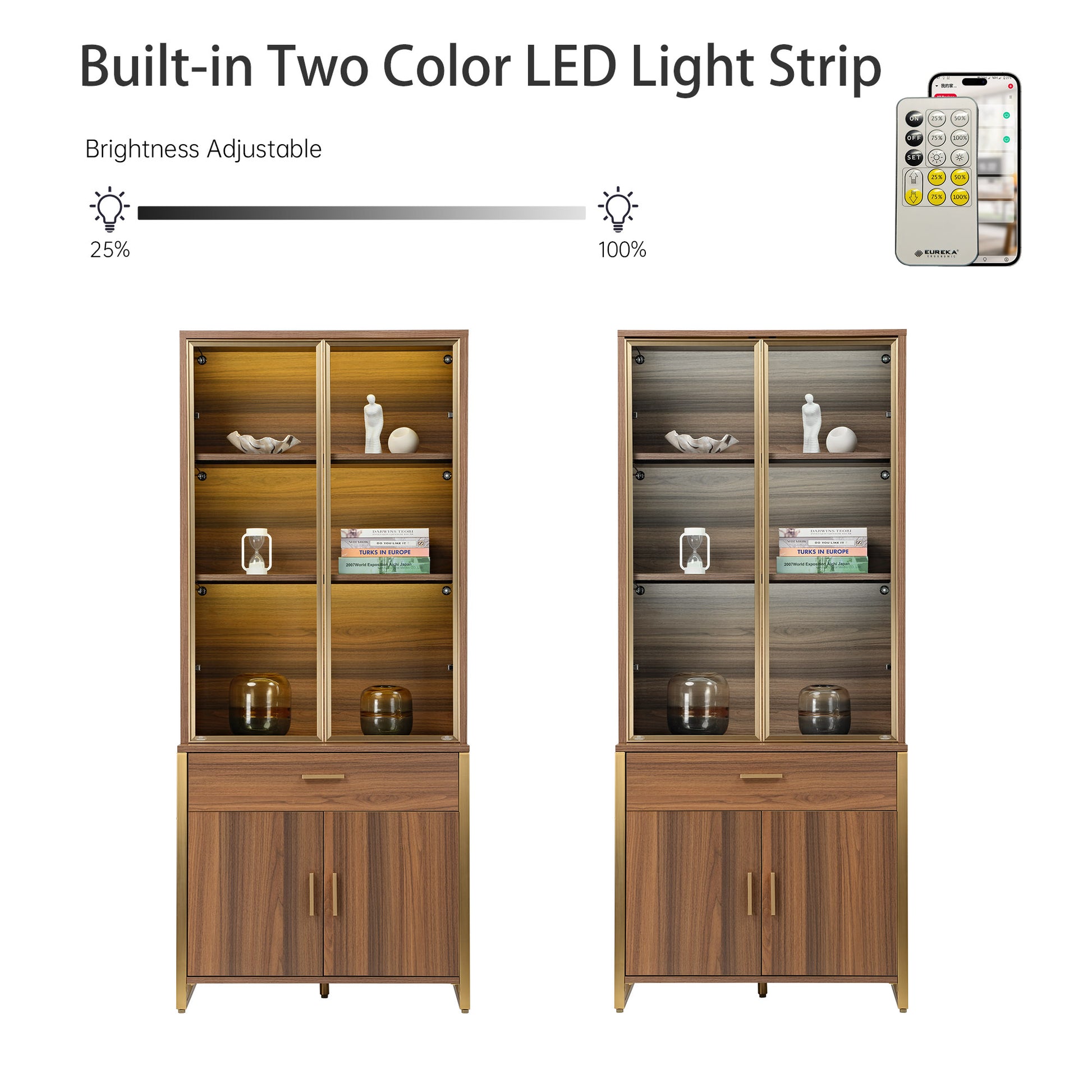 Eureka Ergonomic Walnut Bookshelf With Two-Color Led Light Strip, Adjustable Brightness, Glass Doors and Storage.