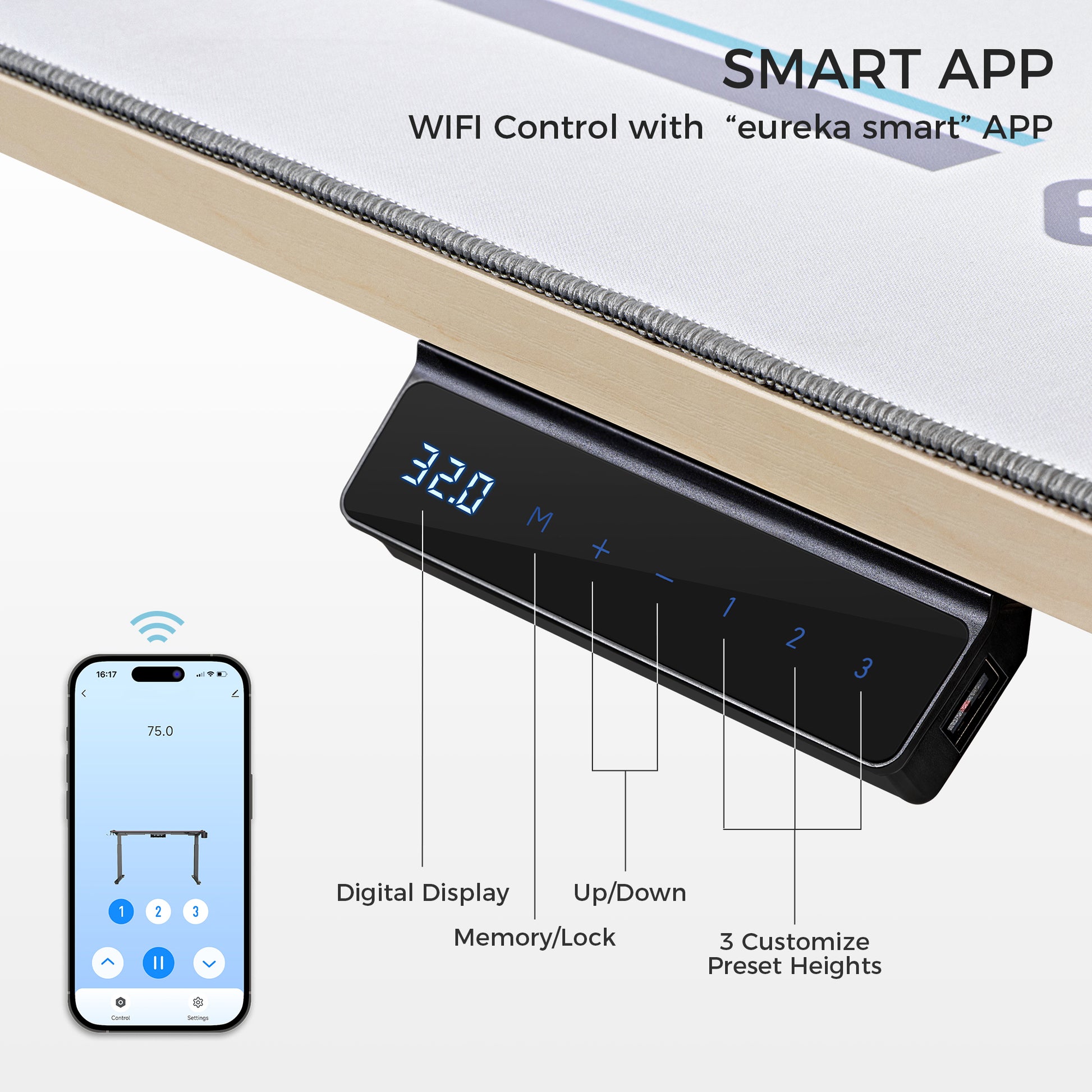 Eureka Ergonomic Aero Pro Standing Desk Control Panel With Digital Display, Memory Settings, and Height Presets.