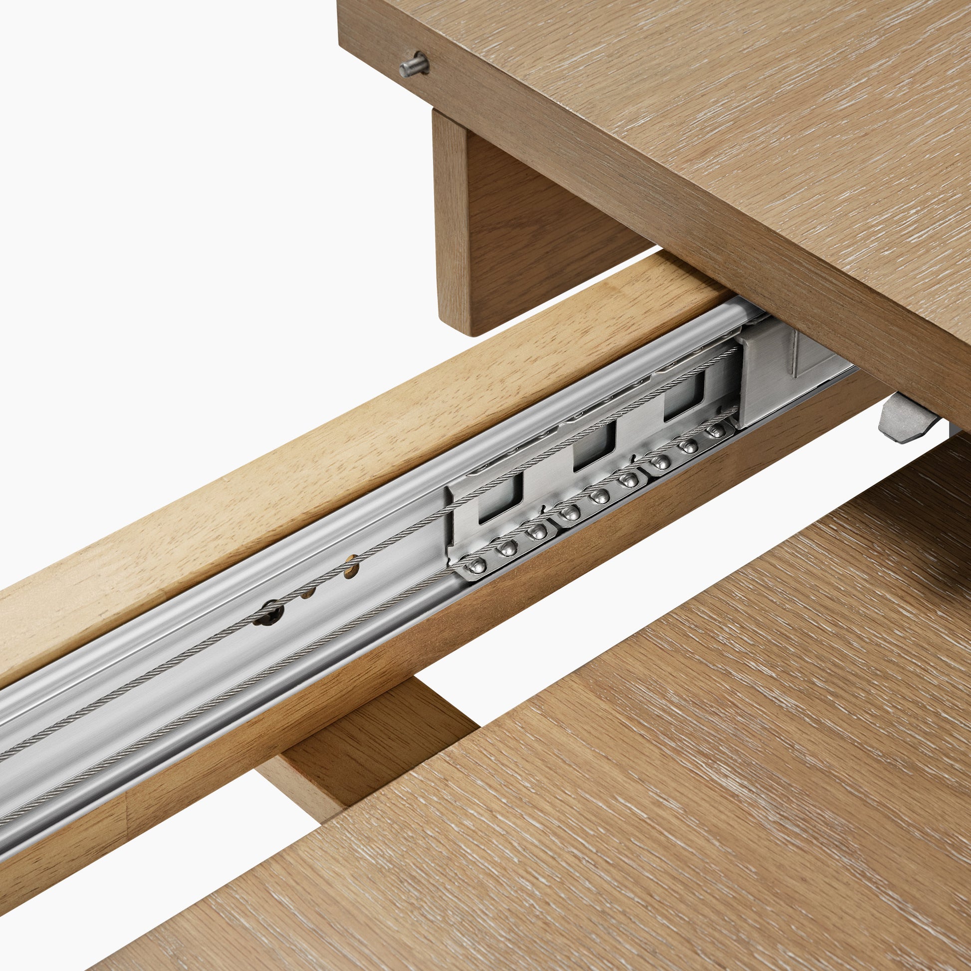 Edora Oak Extendable Dining Table Detail, Mechanism Close-Up, Oak Veneer and Metal Hardware.