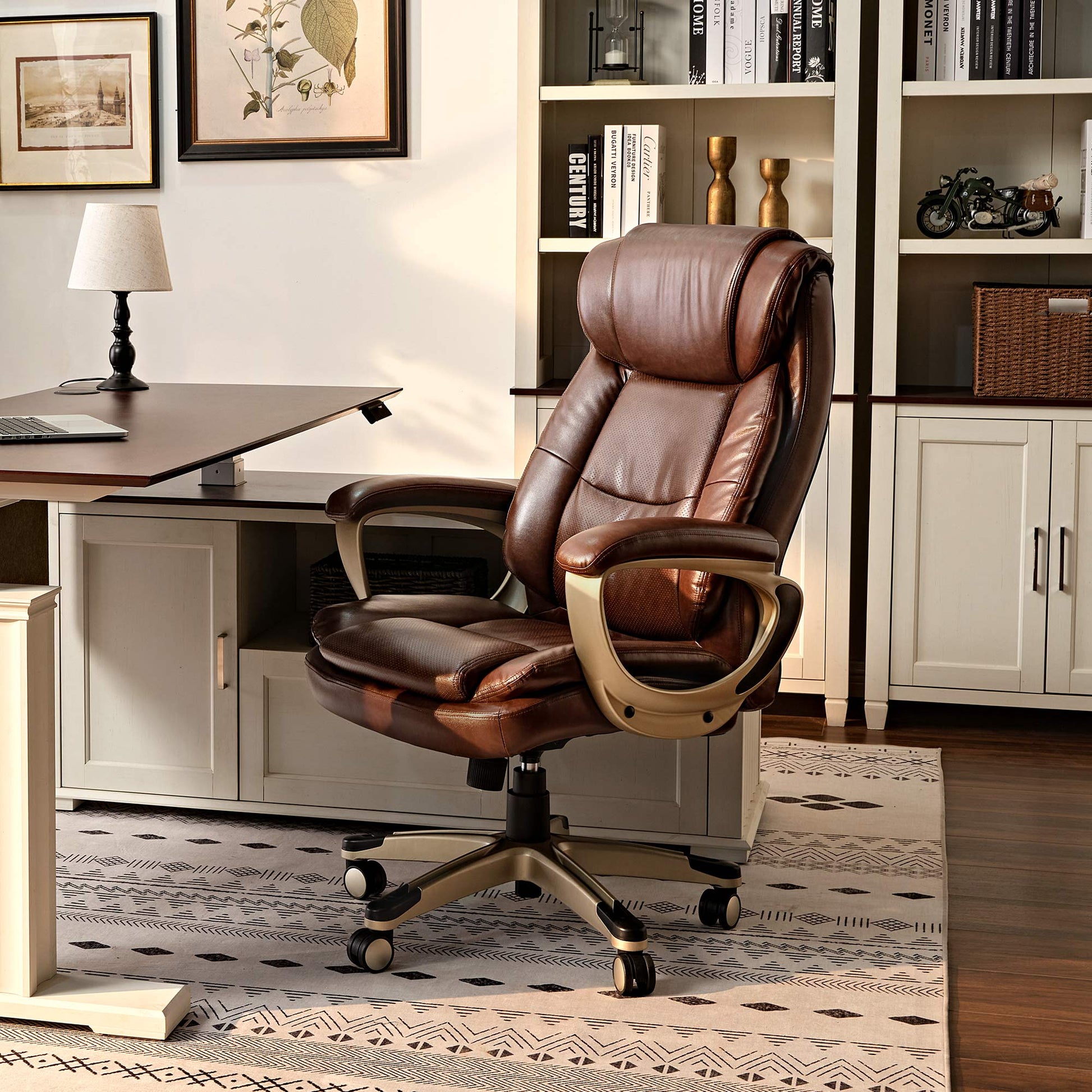 Preston Executive Office Chair in Brown Pu Leather. Ergonomic Executive Office Chair for Home Office Setting.
