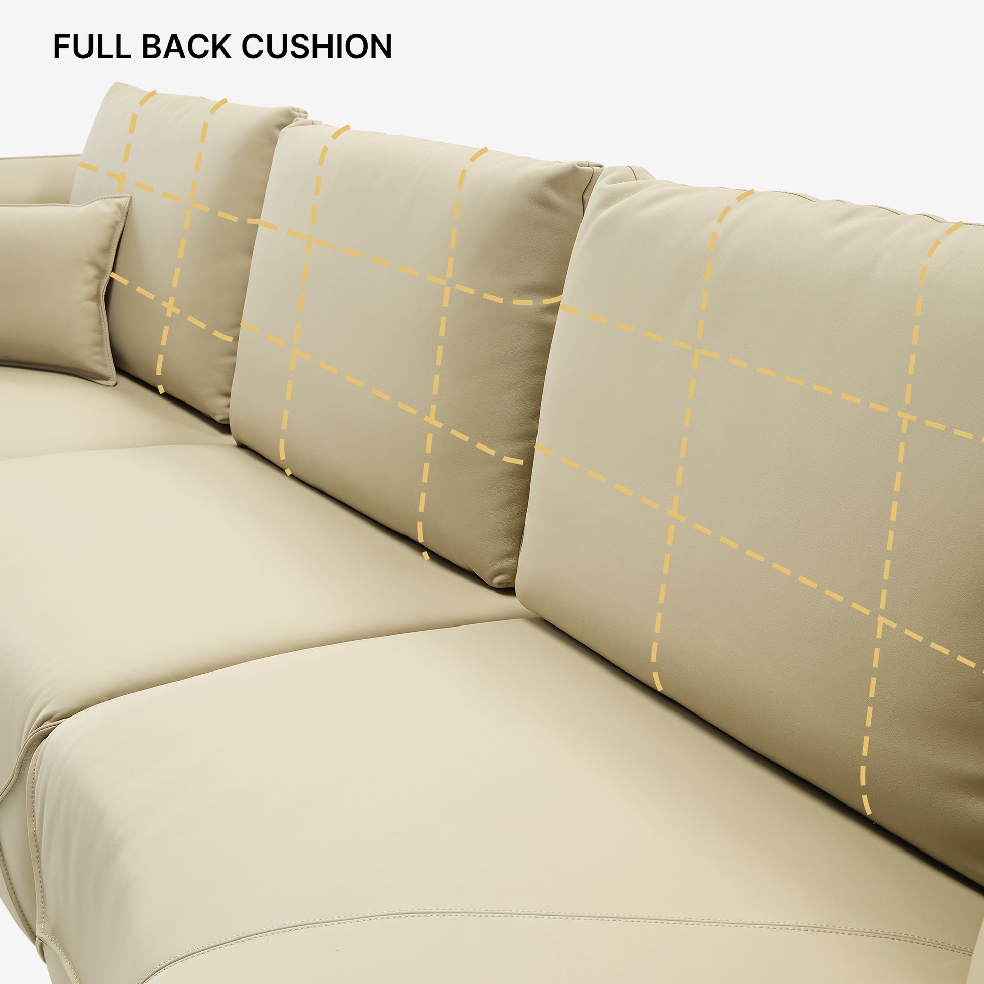 Leah Curved Sofa With Full Back Cushions, Beige Leather Detail, Ergonomic Design for Comfort and Support, Minimalist Style.
