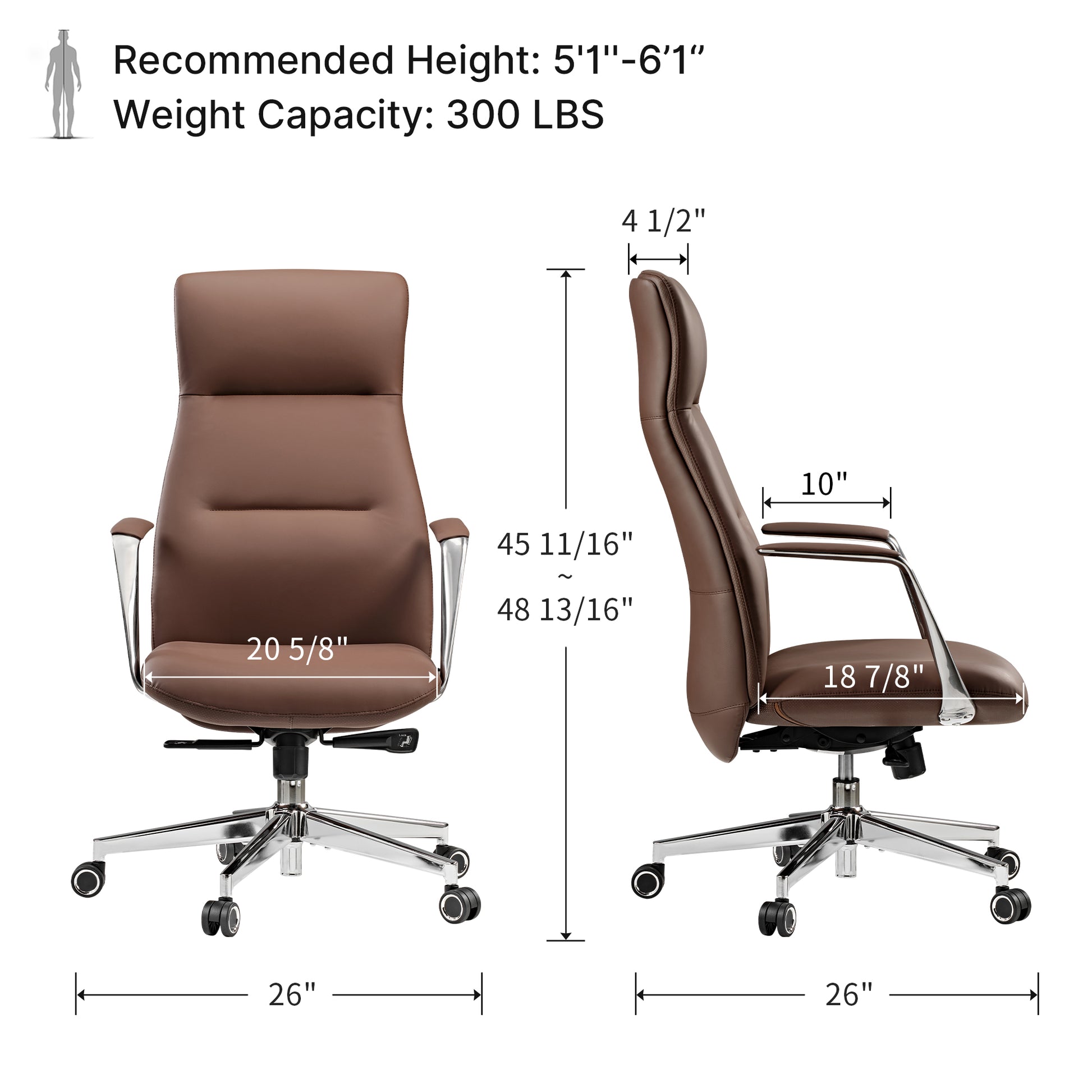 Royal Slim Executive Office Chair Dimensions, Brown Leather, Ergonomic Design, 300 Lbs Capacity.