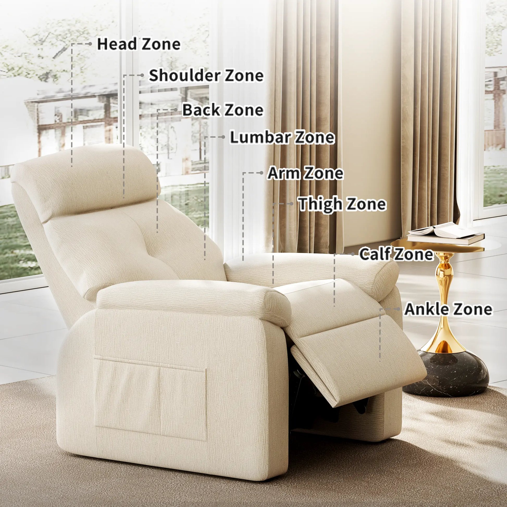 Henry-Armrest Zero-Gravity Recliner Chair Zones: Head, Back, Lumbar, Arm, Thigh, Calf, Ankle, Beige Cotton-Linen Fabric.