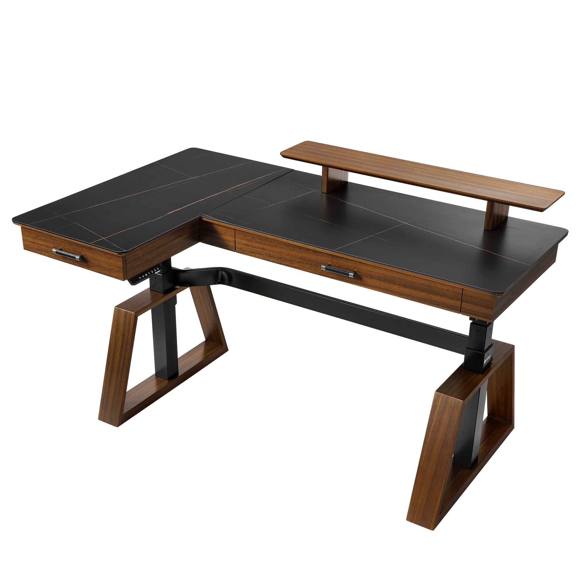 Eureka Ergonomic Ark Pro L-Shaped Desk With Black Sintered Stone Top and Wooden Accents. Height Adjustable Desk With Drawer.
