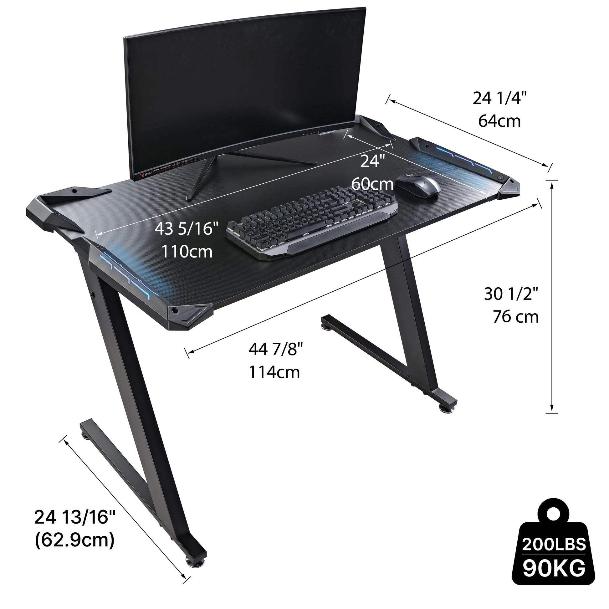 Eureka Ergonomic Gaming Desk With Z-Shaped Legs, Black Finish, Rgb Led Lighting, and Dimensional Details for Gaming Setup.
