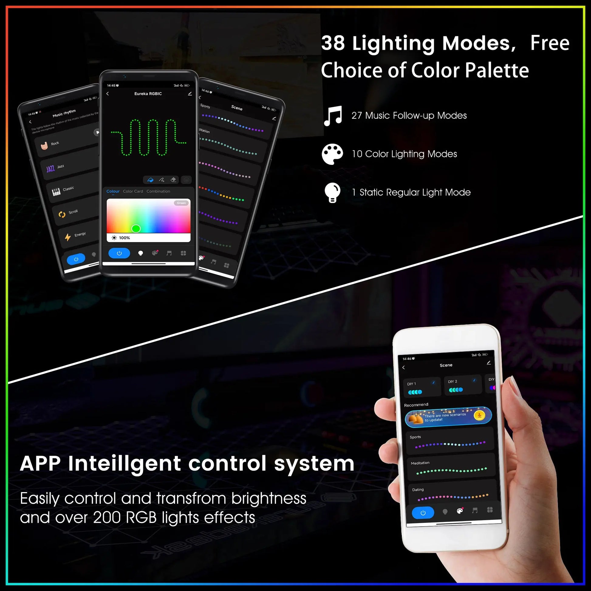 GTG-I43 Gaming Desk Rgb Lighting Control Via App, Featuring 38 Lighting Modes and Over 200 Effects.