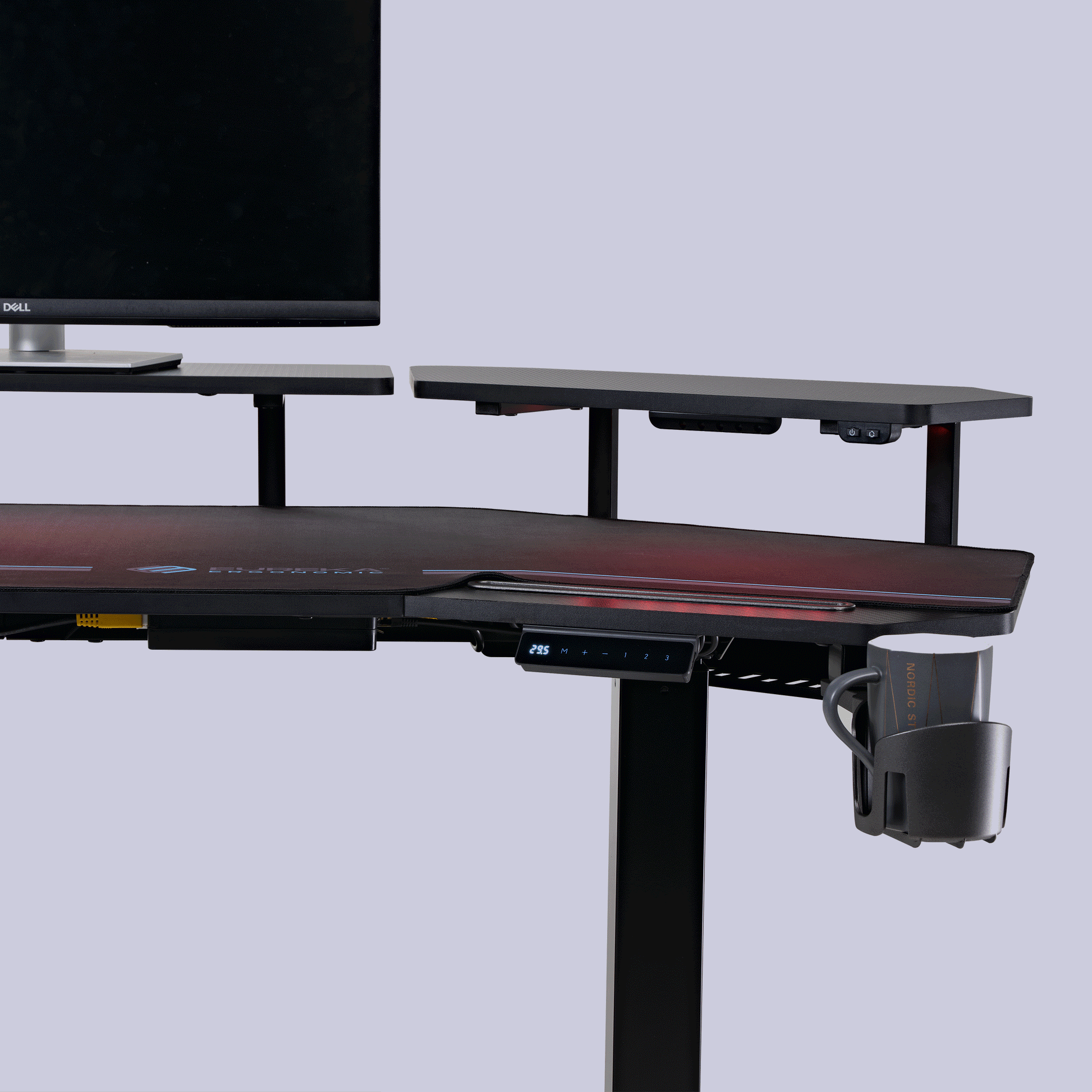 Black Eureka Ergonomic Aero Pro Standing Desk With Height Adjustment Control Panel and Cup Holder.
