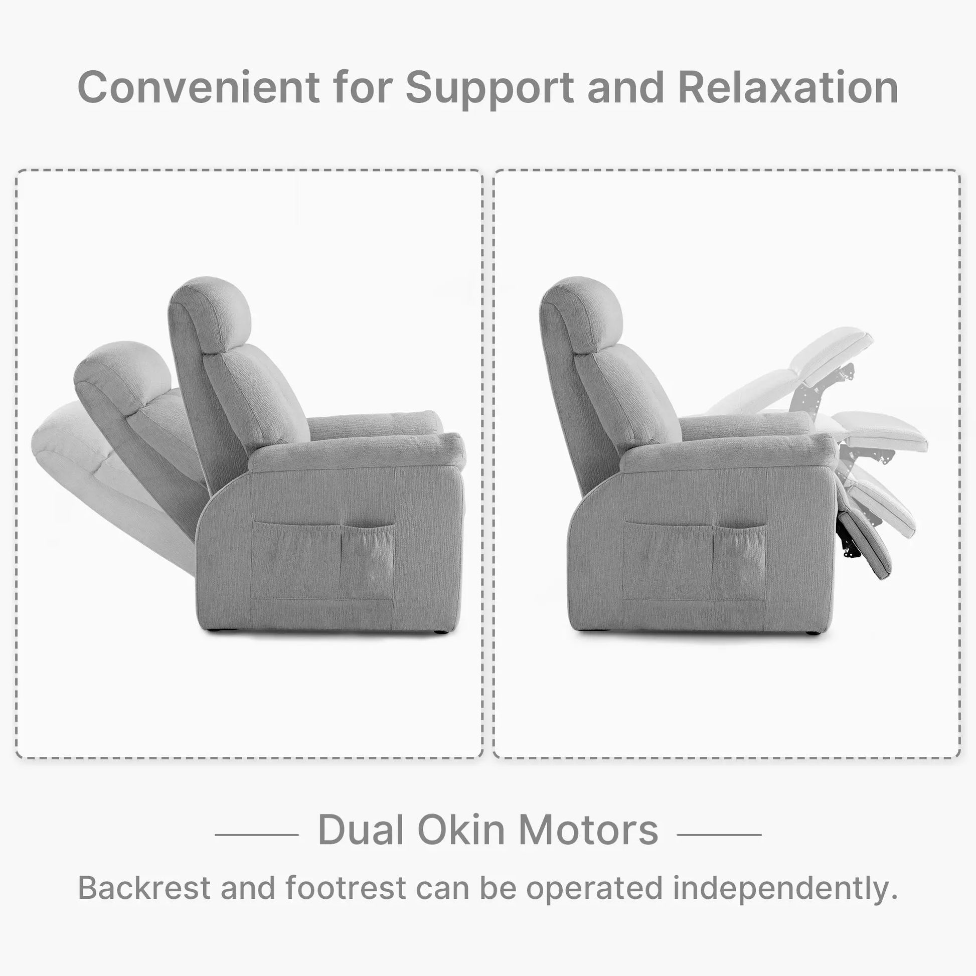 Gray Henry-Armrest Power Recliner With Dual Okin Motors, Adjustable Backrest and Footrest, Cotton-Linen Fabric.