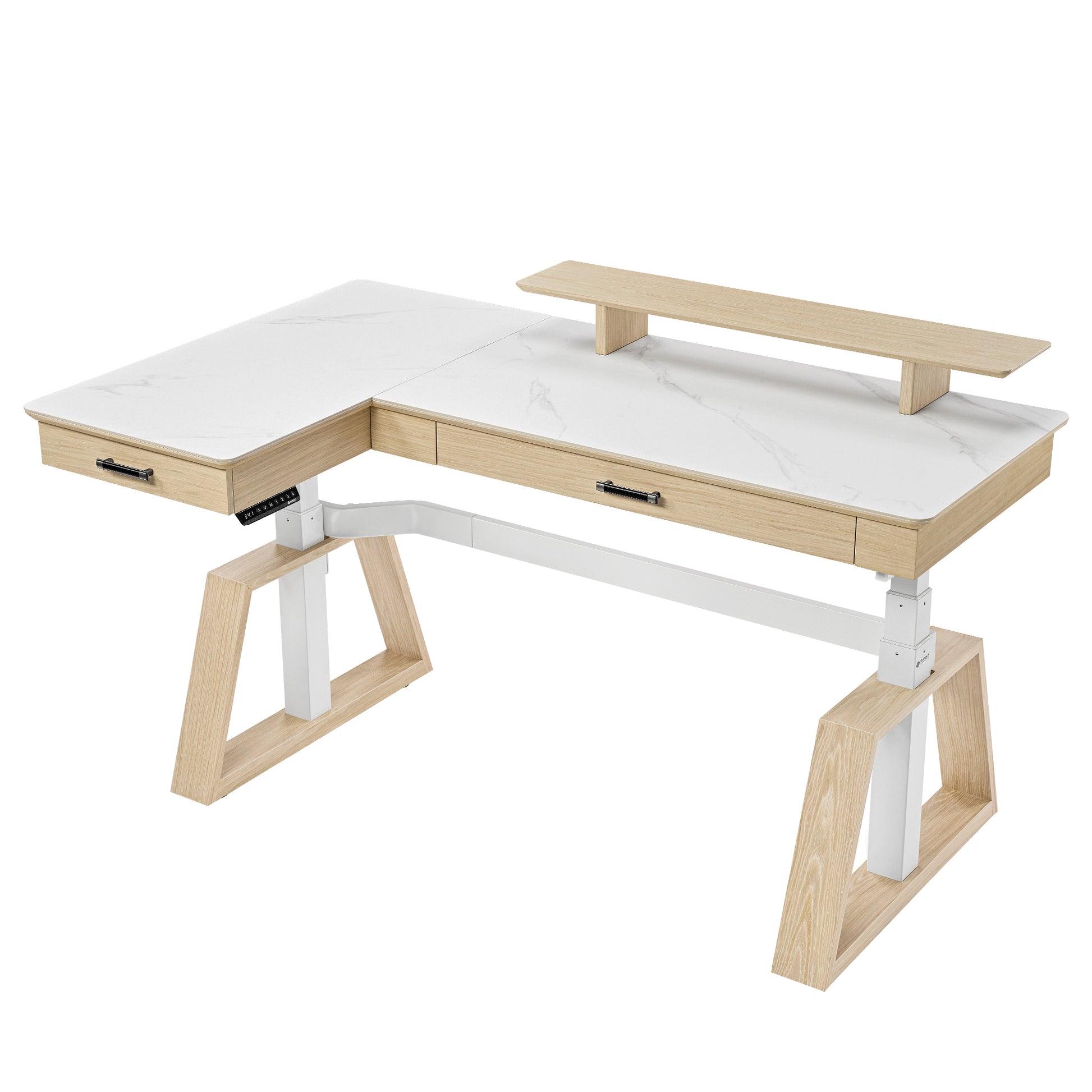 Eureka Ergonomic Ark Pro L-Shaped Desk With White Sintered Stone Top, Wood Accents, and Height Adjustable Features.