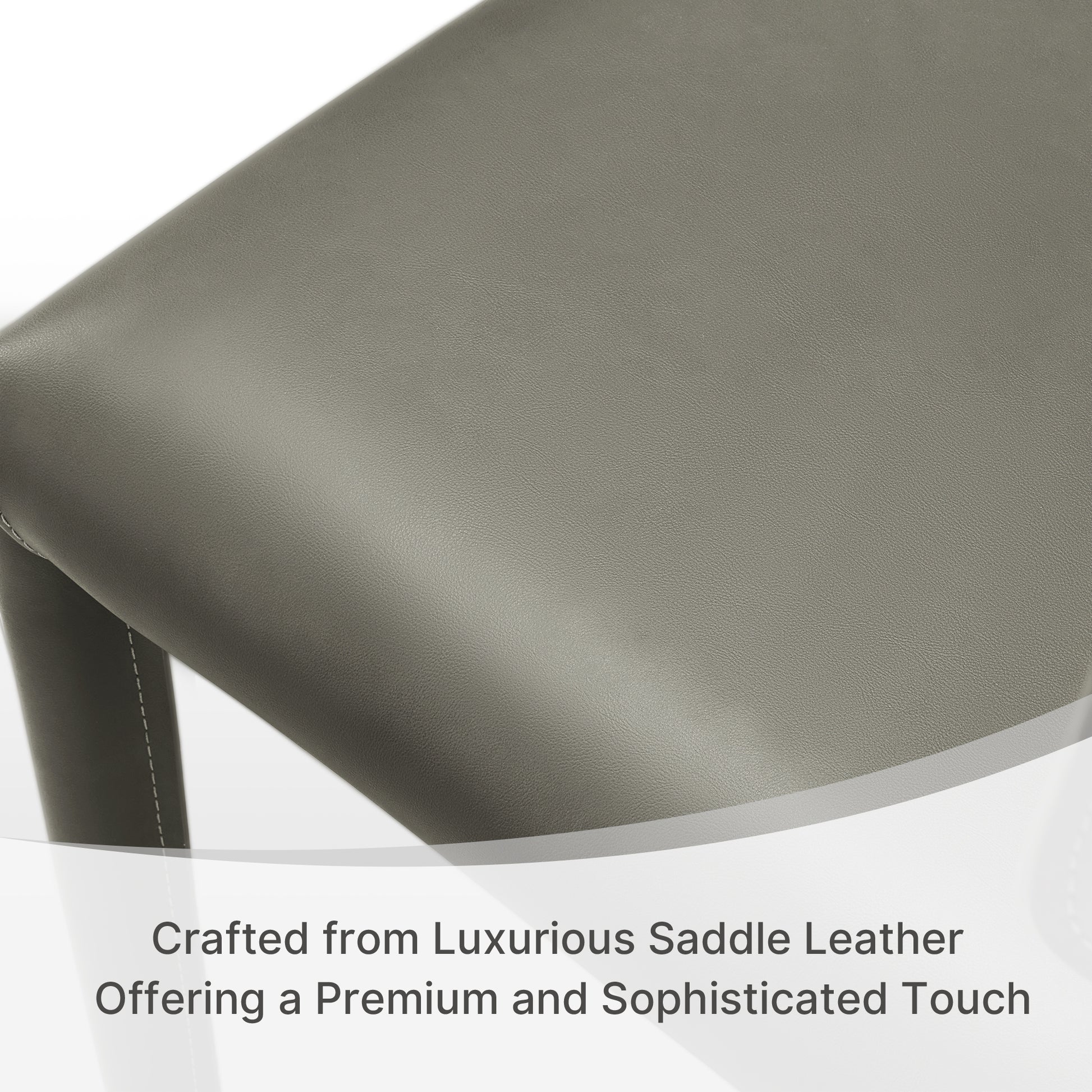 Gray Leather Dining Chair Seat Detail, Saddle Leather Texture, Sophisticated Touch.