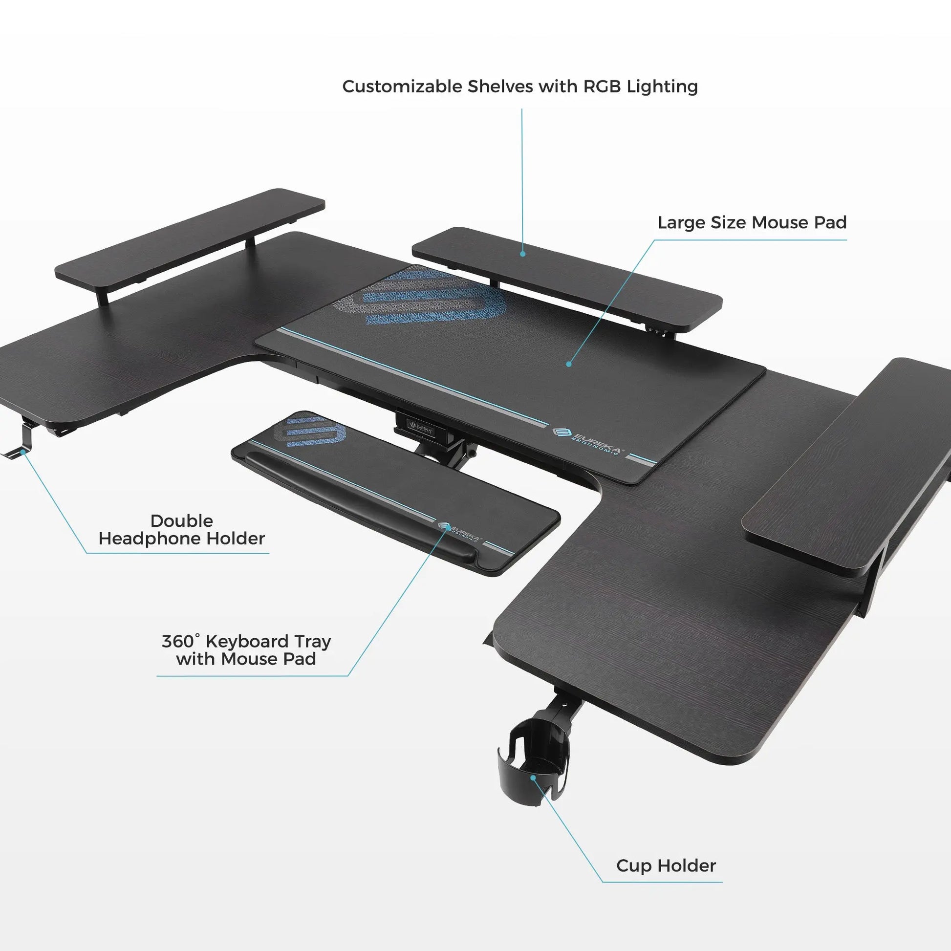 Eureka Ergonomic U-Shaped Standing Desk With Accessories Like Headphone Holder, Mouse Pad, and Customizable Shelves.