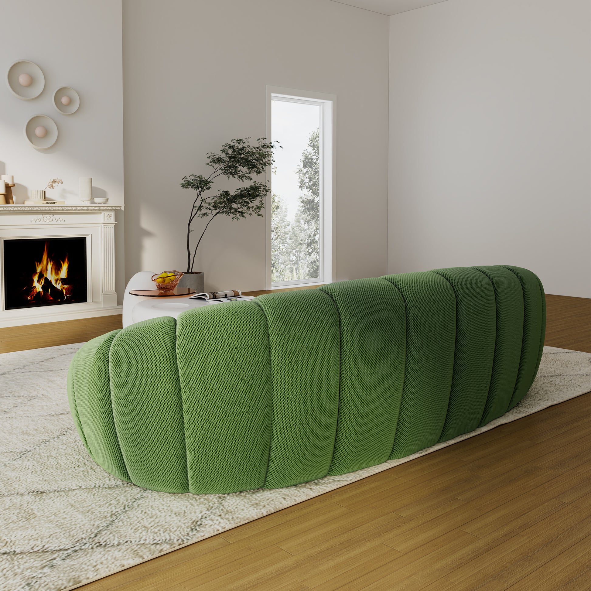 Luca Modern Green 3-Seater Sofa in a Modern Living Room Setting, Bubble Design, Honeycomb Fabric.
