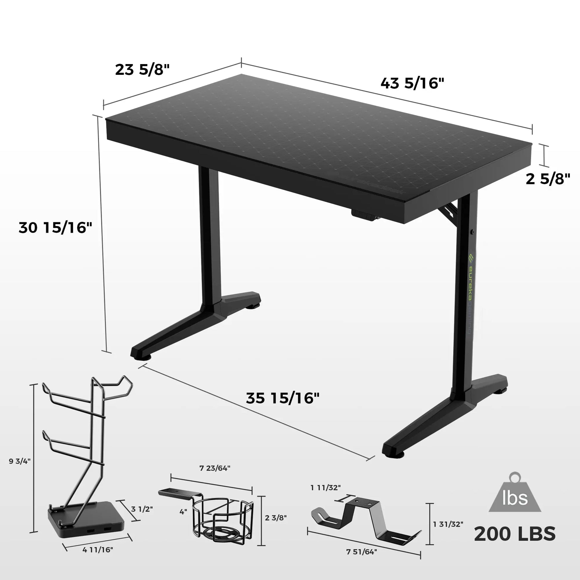 Eureka Ergonomic GTG-I43 Gaming Desk, Black Glass Desktop With Accessories and Dimensions.