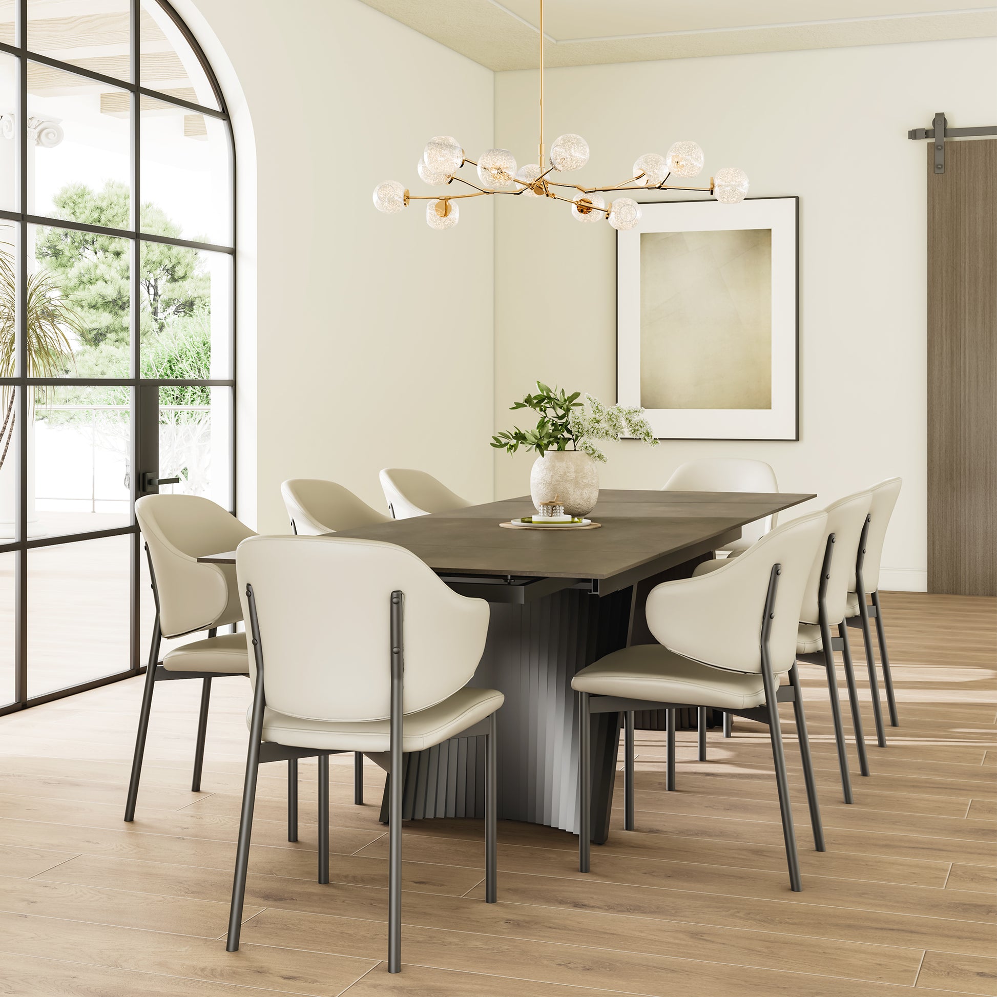 Cream-Colored Upholstered Dining Chairs With Black Metal Legs Around a Dark Wooden Table in a Modern Dining Room.