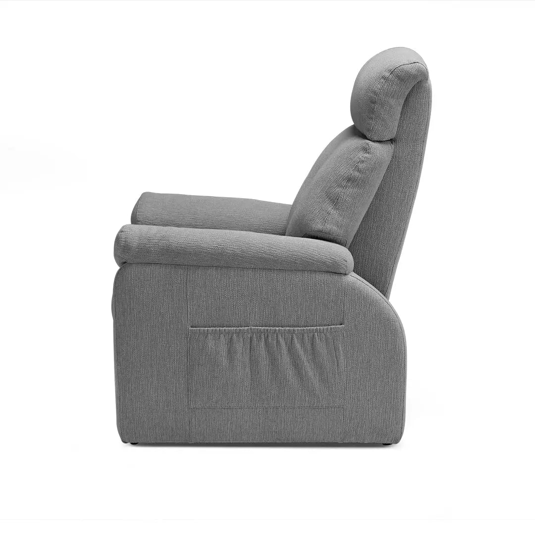 Grey Henry-Armrest Zero Gravity Recliner Chair, Cotton-Linen Fabric, Side Pocket Detail.