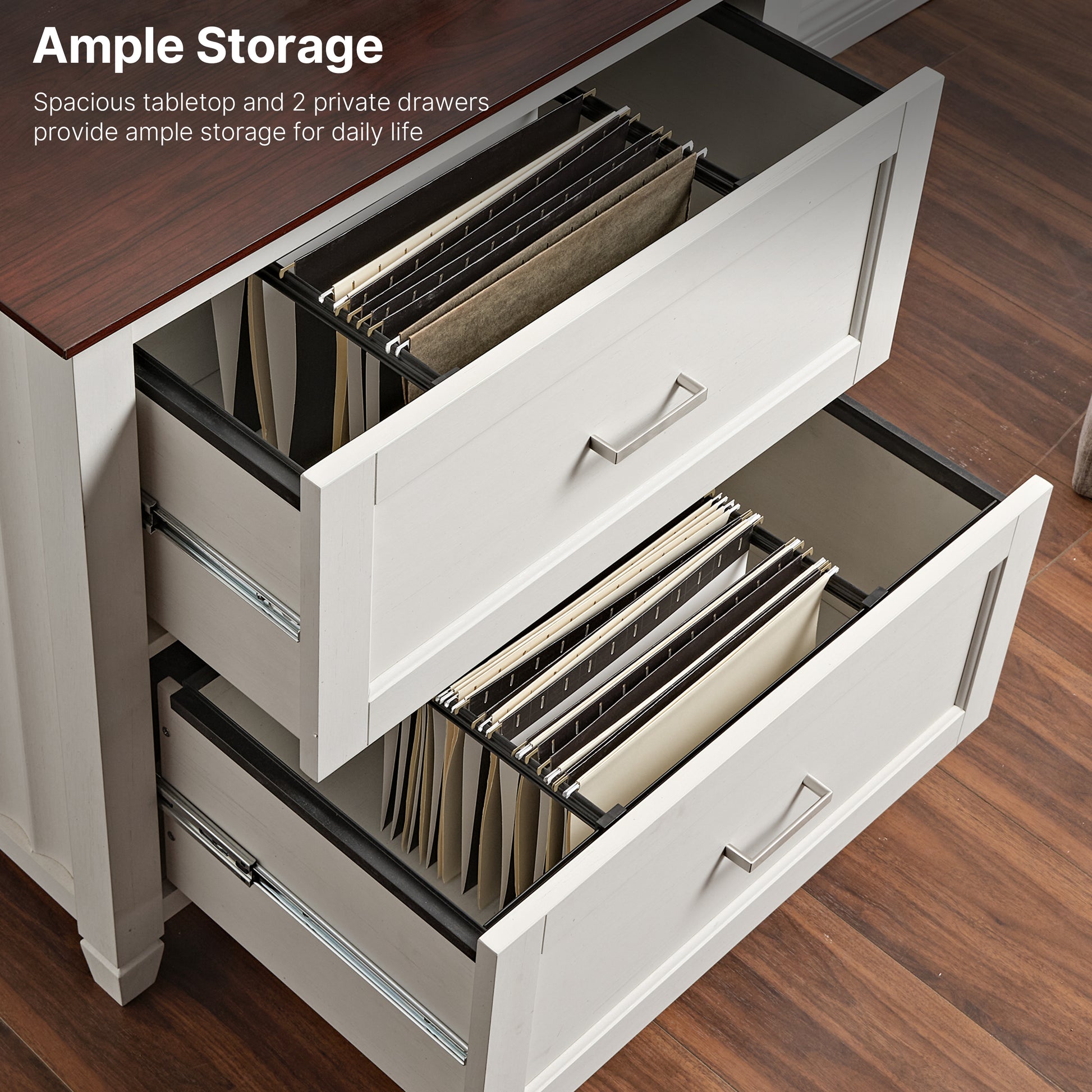 Eureka Ergonomic Ark Es 29 File Cabinet, White With Brown Top, Open Drawers Showing Ample Storage.